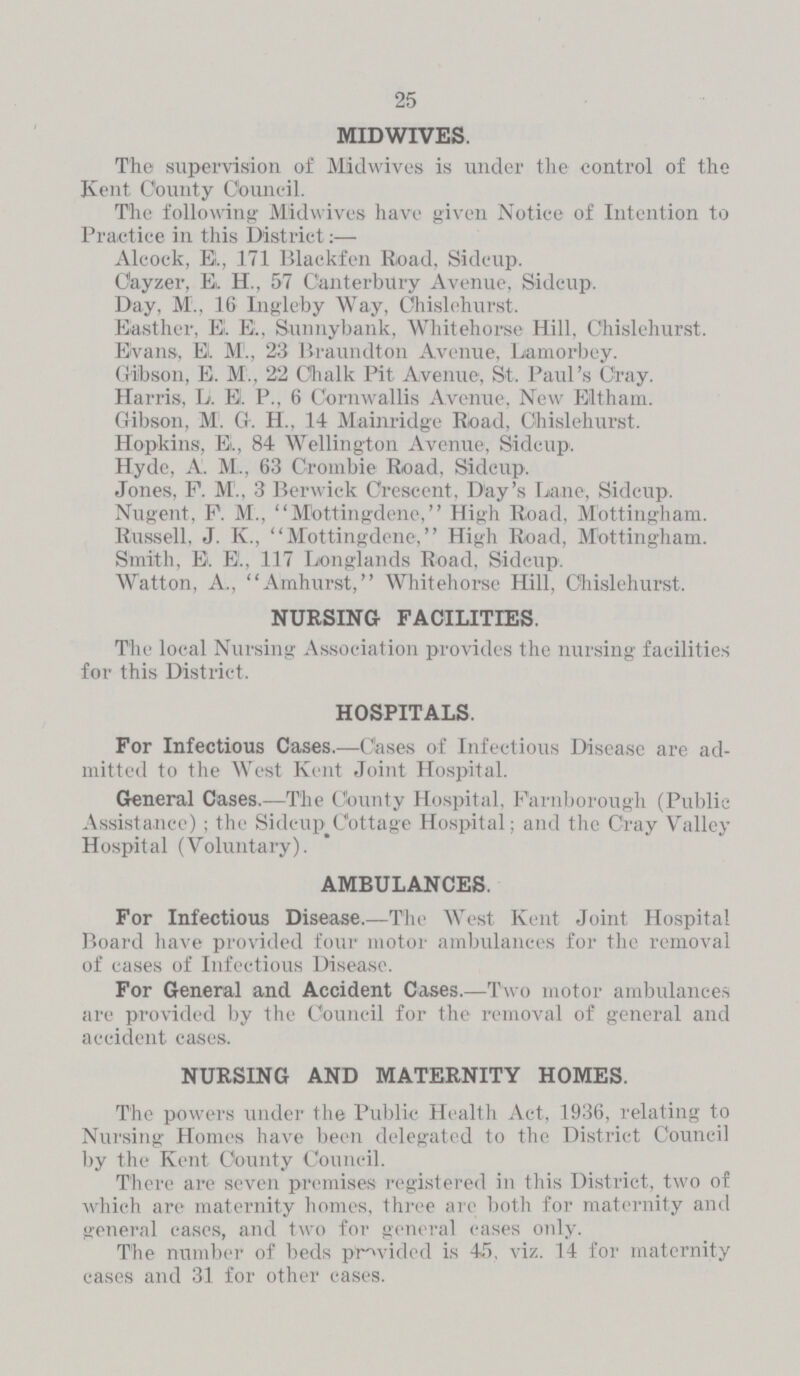 25 MIDWIVES. The supervision of Midwives is under the control of the Kent County Council. The following Midwives have given Notice of Intention to Practice in this District:— Alcock, El., 171 Black fen Road, Sidcup. Cayzer, E. H., 57 Canterbury Avenue, Sidcup. Day, M., 16 Ingle by Way, Chislehurst. Easther, E. E., Sunny bank, Whitehorse Hill. Chislehurst. Evans, EL Ml, 23 Braundton Avenue, Lamorbey. Gibson, E. M., 22 Chalk Pit Avenue, St. Paul's Cray. Harris, L. E. P., 6 Cornwallis Avenue, New Eltham. Gibson, M. G. H., 14 Mainridge Road, Chislehurst. Hopkins, EL, 84 Wellington Avenue, Sidcup. Hyde, A. M., 63 Crombie Road, Sidcup. Jones, P. M., 3 Berwick Crescent, Day's Lane, Sidcup. Nugent, F. M., Mottingdene, High Road, Mottingham. Russell, J. K., Mottingdene, High Road, Mottingham. Smith, E. E., 117 Longlands Road, Sidcup. Watton, A., Amhurst, Whitehorse Hill, Chislehurst. NURSING FACILITIES. The local Nursing Association provides the nursing facilities for this District. HOSPITALS. For Infectious Cases.— Cases of Infectious Disease are ad mitted to the West Kent Joint Hospital. General Cases.— The County Hospital, Farn borough (Public Assistance); the Sidcup Cottage Hospital; and the Cray Valley Hospital (Voluntary). AMBULANCES. For Infectious Disease.— The West Kent Joint Hospital Board have provided four motor ambulances for the removal of cases of Infectious Disease. For General and Accident Cases.— Two motor ambulances are provided by the Council for the removal of general and accident cases. NURSING AND MATERNITY HOMES. The powers under the Public Health Act, 1936, relating to Nursing Homes have been delegated to the District Council by the Kent County Council. There are seven premises registered in this District, two of which are maternity homes, three are both for maternity and general cases, and two for general cases only. The number of beds provided is 45, viz. 14 for maternity cases and 31 for other cases.