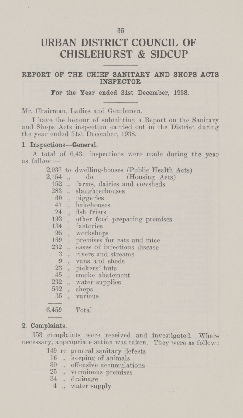 36 URBAN DISTRICT COUNCIL OF CHISLEHURST & SIDCUP REPORT OF THE CHIEF SANITARY AND SHOPS ACTS INSPECTOR For the Year ended 31st December, 1938. Mr. Chairman, Ladies and Gentlemen, I have the honour of submitting a Report on the Sanitary and Shops Acts inspection carried out in the District during the year ended 3]st December, 1938. 1. Inspections—General. A total of 6,431 inspections were made during the year as follow:— 2,037 to dwelling-houses (Public Health Acts) 2,154 „ do. (Housing Acts) 152 „ farms, dairies and cowsheds 283 „ slaughterhouses 60 „ piggeries 47 „ bakehouses 24 „ fish friers 193 „ other food preparing premises 134 „ factories 95 „ workshops 169 „ premises for rats and mice 232 „ cases of infectious disease 3 „ rivers and streams 9 „ vans and sheds 23 „ pickers' huts 45 „ smoke abatement 232 „ water supplies 532 „ shops 35 „ various 6,459 Total 2. Complaints. 353 complaints were received and investigated. Where necessary, appropriate action was taken. They were as follow : 149 re general sanitary defects 16 ,, keeping of animals 30 „ offensive accumulations 25 „ verminous premises 34 „ drainage 4 „ water supply