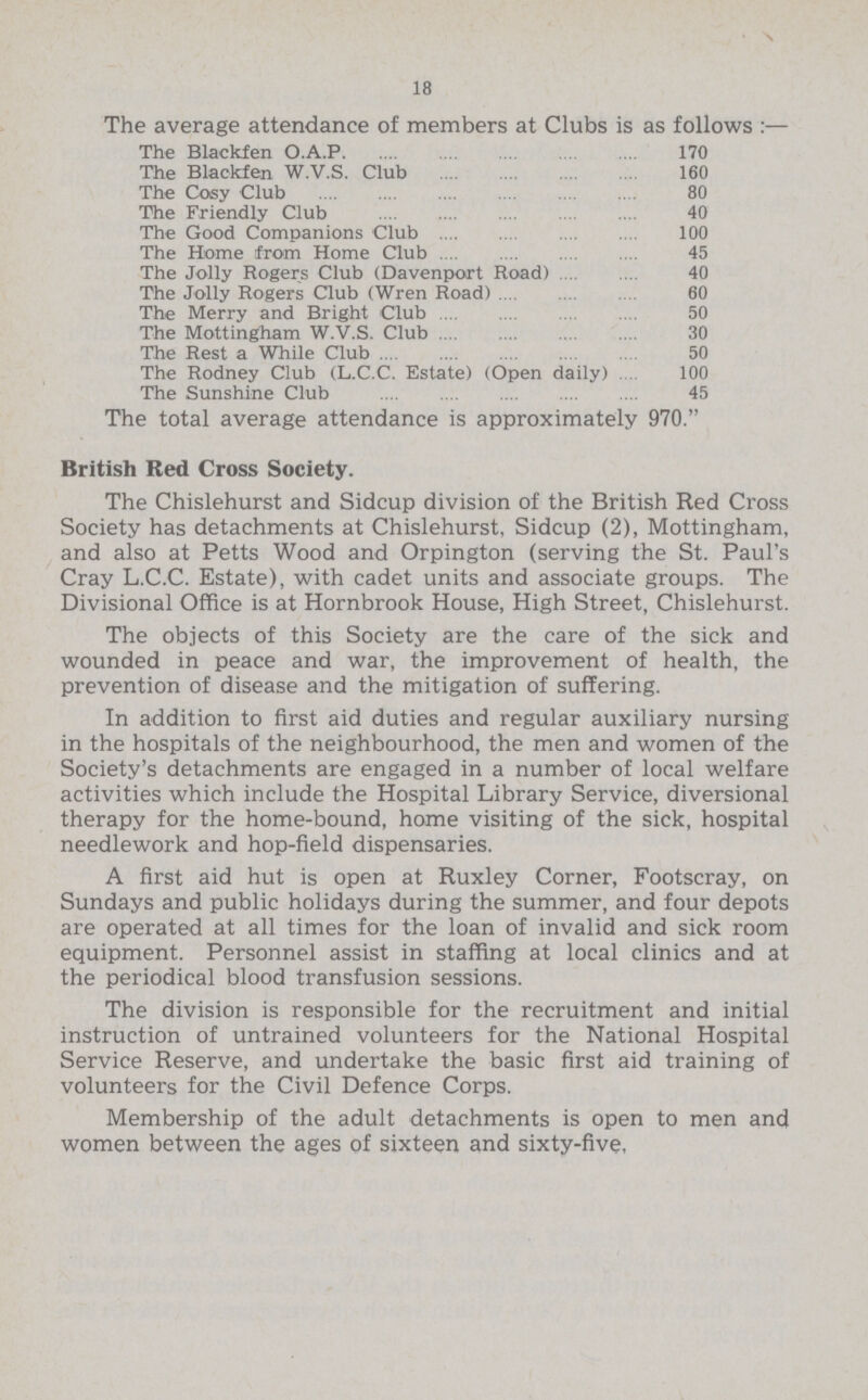 18 The average attendance of members at Clubs is as follows:— The Blackfen O.A.P 170 The Blackfen W.V.S. Club 160 The Cosy Club 80 The Friendly Club 40 The Good Companions Club 100 The Home from Home Club 45 The Jolly Rogers Club (Davenport Road) 40 The Jolly Rogers Club (Wren Road) 60 The Merry and Bright Club 50 The Mottingham W.V.S. Club 30 The Rest a While Club 50 The Rodney Club (L.C.C. Estate) (Open daily) 100 The Sunshine Club 45 The total average attendance is approximately 970. British Bed Cross Society. The Chislehurst and Sidcup division of the British Red Cross Society has detachments at Chislehurst, Sidcup (2), Mottingham, and also at Petts Wood and Orpington (serving the St. Paul's Cray L.C.C. Estate), with cadet units and associate groups. The Divisional Office is at Hornbrook House, High Street, Chislehurst. The objects of this Society are the care of the sick and wounded in peace and war, the improvement of health, the prevention of disease and the mitigation of suffering. In addition to first aid duties and regular auxiliary nursing in the hospitals of the neighbourhood, the men and women of the Society's detachments are engaged in a number of local welfare activities which include the Hospital Library Service, diversional therapy for the home-bound, home visiting of the sick, hospital needlework and hop-field dispensaries. A first aid hut is open at Ruxley Corner, Footscray, on Sundays and public holidays during the summer, and four depots are operated at all times for the loan of invalid and sick room equipment. Personnel assist in staffing at local clinics and at the periodical blood transfusion sessions. The division is responsible for the recruitment and initial instruction of untrained volunteers for the National Hospital Service Reserve, and undertake the basic first aid training of volunteers for the Civil Defence Corps. Membership of the adult detachments is open to men and women between the ages of sixteen and sixty-five.