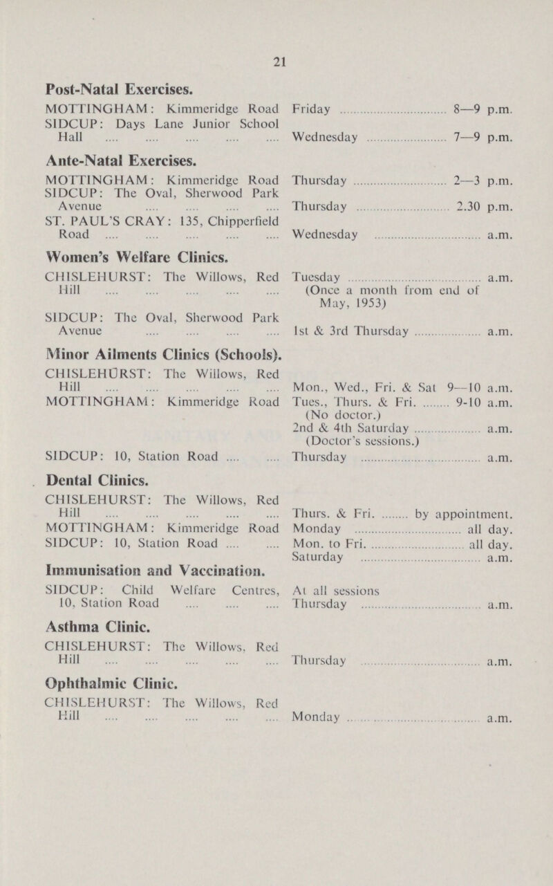 21 Post-Natal Exercises. MOTTINGHAM : Kimmeridge Road Friday 8—9 p.m. S1DCUP: Days Lane Junior School Hall Wednesday 7—9 p.m. Ante-Natal Exercises. MOTTINGHAM: Kimmeridge Road Thursday 2—3 p.m. S1DCUP: The Oval, Sherwood Park Avenue Thursday 2.30 p.m. ST. PAUL'S CRAY: 135, Chipperfield Road Wednesday a.m. Women's Welfare Clinics. CH1SLEHURST: The Willows, Red Tuesday a.m. Hill Once a month from end of May, 1953) S1DCUP: The Oval, Sherwood Park Avenue 1st & 3rd Thursday a.m. Minor Ailments Clinics (Schools). CH1SLEH0RST: The Willows, Red Hill Mon., Wed., Fri. & Sat 9—10 a.m. MOTTINGHAM: Kimmeridge Road Tues., Thurs. & Fri 9-10 a.m. (No doctor.) 2nd & 4th Saturday a.m. (Doctor's sessions.) S1DCUP: 10, Station Road Thursday a.m. Dental Clinics. CHISLEHURST: The Willows, Red Hill Thurs. & Fri by appointment. MOTTINGHAM : Kimmeridge Road Monday all day. S1DCUP: 10, Station Road Mon. to Fri. all day. Saturday a.m. Immunisation and Vaccination. S1DCUP: Child Welfare Centres, At all sessions 10, Station Road Thursday a.m. Asthma Clinic. CHISLEHURST: The Willows, Red Hill Thursday a.m. Ophthalmic Clinic. CHISLEHURST: The Willows, Red Hill Monday a.m.