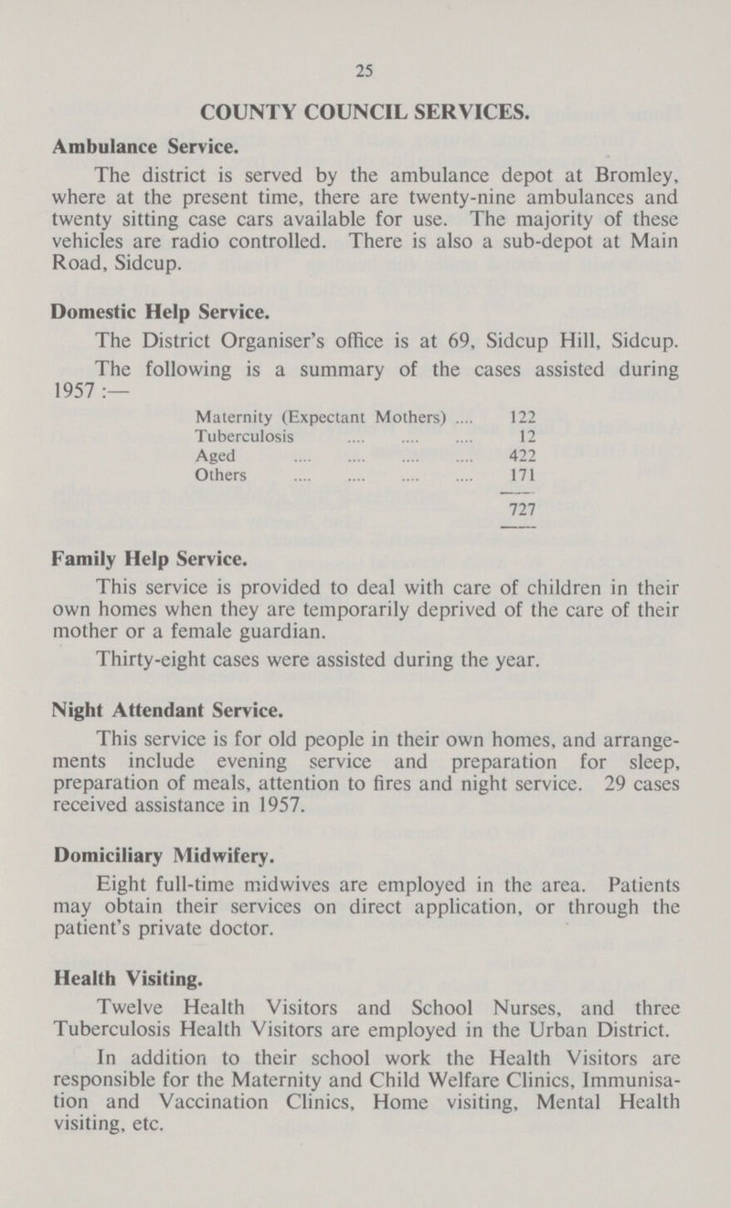 25 COUNTY COUNCIL SERVICES, Ambulance Service. The district is served by the ambulance depot at Bromley, where at the present time, there are twenty-nine ambulances and twenty sitting case cars available for use. The majority of these vehicles are radio controlled. There is also a sub-depot at Main Road, Sidcup. Domestic Help Service. The District Organiser's office is at 69, Sidcup Hill, Sidcup. The following is a summary of the cases assisted during 1957 :— Maternity (Expectant Mothers) 122 Tuberculosis 12 Aged 422 Others 171 727 Family Help Service. This service is provided to deal with care of children in their own homes when they are temporarily deprived of the care of their mother or a female guardian. Thirty-eight cases were assisted during the year. Night Attendant Service. This service is for old people in their own homes, and arrange ments include evening service and preparation for sleep, preparation of meals, attention to fires and night service. 29 cases received assistance in 1957. Domiciliary Midwifery. Eight full-time midwives are employed in the area. Patients may obtain their services on direct application, or through the patient's private doctor. Health Visiting. Twelve Health Visitors and School Nurses, and three Tuberculosis Health Visitors are employed in the Urban District. In addition to their school work the Health Visitors are responsible for the Maternity and Child Welfare Clinics, Immunisa tion and Vaccination Clinics, Home visiting, Mental Health visiting, etc.