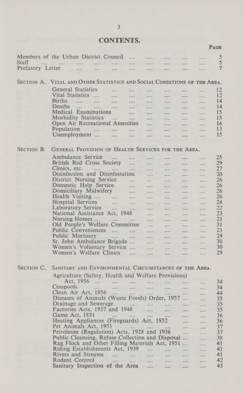 3 CONTENTS. Page Members of the Urban District Council 5 Staff 5 Prefatory Letter 7 Section A. Vital and Other Statistics and Social Conditions of the Area. General Statistics 12 Vital Statistics 12 Births 14 Deaths 14 Medical Examinations 15 Morbidity Statistics 15 Open Air Recreational Amenities 16 Population 13 Unemployment 15 Section B. General Provision of Health Services for the Area. Ambulance Service 25 British Red Cross Society 29 Clinics, etc. 27 Disinfection and Disinfestation 20 District Nursing Service 26 Domestic Help Service 26 Domiciliary Midwifery 26 Health Visiting 26 Hospital Services 24 Laboratory Service 22 National Assistance Act, 1948 23 Nursing Homes 21 Old People's Welfare Committee 31 Public Conveniences 21 Public Mortuary 24 St. John Ambulance Brigade 30 Women's Voluntary Service 30 Women's Welfare Clinics 29 Section C. Sanitary and Environmental Circumstances of the Area. Agriculture (Safety, Health and Welfare Provisions) Act, 1956 34 Cesspools 34 Clean Air Act, 1956 44 Diseases of Animals (Waste Foods) Order, 1957 35 Drainage and Sewerage 35 Factories Acts, 1937 and 1948 35 Game Act, 1831 36 Heating Appliances (Fireguards) Act, 1952 36 Pet Animals Act, 1951 37 Petroleum (Regulation) Acts, 1928 and 1936 37 Public Cleansing, Refuse Collection and Disposal 38 Rag Flock and Other Filling Materials Act, 1951 41 Riding Establishments Act, 1939 41 Rivers and Streams 41 Rodent Control 42 Sanitary Inspection of the Area 43