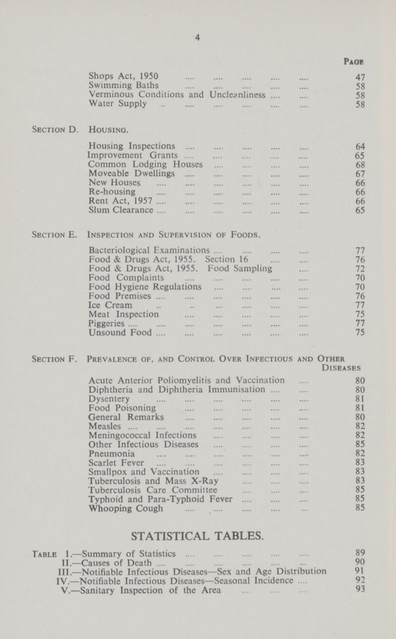 4 Page Shops Act, 1950 47 Swimming Baths 58 Verminous Conditions and Uncleanliness 58 Water Supply 58 Section D. Housing. Housing Inspections 64 Improvement Grants 65 Common Lodging Houses 68 Moveable Dwellings 67 New Houses 66 Re-housing 66 Rent Act, 1957 66 Slum Clearance 65 Section E. Inspection and Supervision of Foods. Bacteriological Examinations 77 Food & Drugs Act, 1955. Section 16 76 Food & Drugs Act, 1955. Food Sampling 72 Food Complaints 70 Food Hygiene Regulations 70 Food Premises 76 Ice Cream 77 Meat Inspection 75 Piggeries 77 Unsound Food 75 Section F. Prevalence of, and Control Over Infectious and Other Diseases Acute Anterior Poliomyelitis and Vaccination 80 Diphtheria and Diphtheria Immunisation 80 Dysentery 81 Food Poisoning 81 General Remarks 80 Measles 82 Meningococcal Infections 82 Other Infectious Diseases 85 Pneumonia 82 Scarlet Fever 83 Smallpox and Vaccination 83 Tuberculosis and Mass X-Ray 83 Tuberculosis Care Committee 85 Typhoid and Para-Typhoid Fever 85 Whooping Cough 85 STATISTICAL TABLES. Table 1.—Summary of Statistics 89 II.—Causes of Death 90 III.—Notifiable Infectious Diseases—Sex and Age Distribution 91 IV.—Notifiable Infectious Diseases—Seasonal Incidence 92 V.—Sanitary Inspection of the Area 93