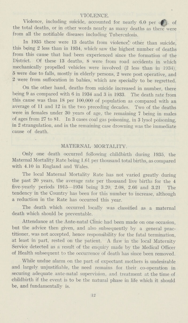 VIOLENCE. Violence, including suicide, accounted for nearly 6.0 per cent of the total deaths, or in other words nearly as many deaths as there were from all the notifiable diseases including Tuberculosis. In 1935 there were 13 deaths from violence other than suicide, this being 2 less than in 1934, which saw the highest number of deaths from this cause that had been experienced since the formation of the District. Of these 13 deaths, 8 were from road accidents in which mechanically propelled vehicles were involved (2 less than in 1934), 5 were due to falls, mostly in elderly persons, 2 were post operative, and 2 were from suffocation in babies, which are specially to be regretted. On the other hand, deaths from suicide increased in number, there being 9 as compared with 6 in 1934 and 3 in 1933. The death rate from this cause was thus 18 per 100,000 of population as compared with an average of 11 and 12 in the two preceding decades. Two of the deaths were in females under 30 years of age, the remaining 7 being in males of ages from 27 to 81. In 3 cases coal gas poisoning, in 3 lysol poisoning, in 2 strangulation, and in the remaining case drowning was the immediate cause of death. MATERNAL MORTALITY. Only one death occurred following childbirth during 1935, the Maternal Mortality Rate being 1.61 per thousand total births, as compared with 4.10 in England and Wales. The local Maternal Mortality Rate has not varied greatly during the past 20 years, the average rate per thousand live births for the 4 five-yearly periods 1915—1934 being 3.20, 2.08, 2.66 and 3.21 The tendency in the Country has been for this number to increase, although a reduction in the Rate has occurred this year. The death which occurred locally was classified as a maternal death which should be preventable. Attendance at the Ante-natal Clinic had been made on one occasion, but the advice then given, and also subsequently by a general prac titioner, was not accepted, hence responsibility for the fatal termination, at least in part, rested on the patient. A flaw in the local Maternity Service detected as a result of the enquiry made by the Medical Officer of Health subsequent to the occurrence of death has since been removed. While undue alarm on the part of expectant mothers is undesirable and largely unjustifiable, the need remains for their co-operation in securing adequate ante-natal supervision, and treatment at the time of childbirth if the event is to be the natural phase in life which it should be, and fundamentally is. 12