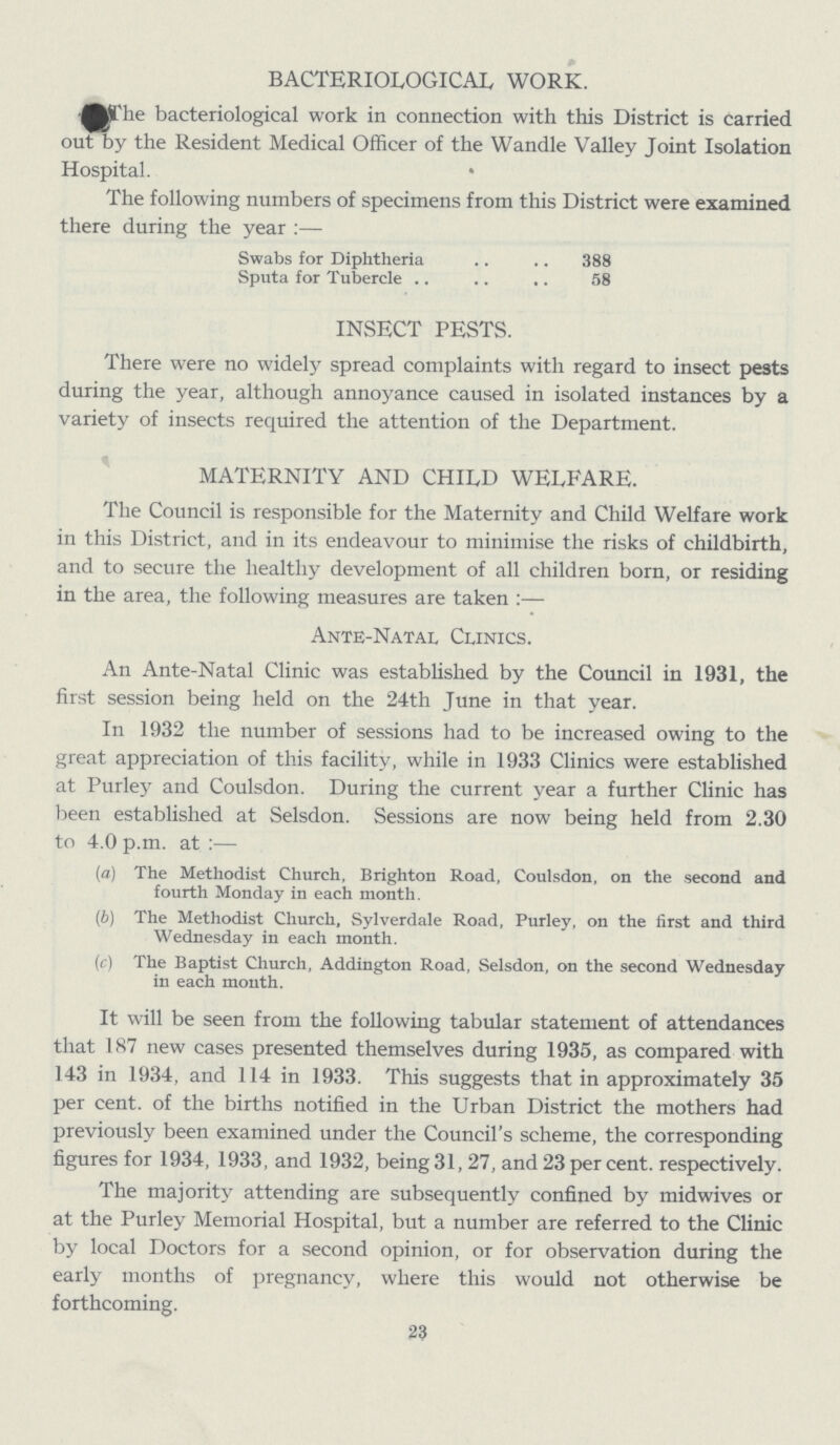 BACTERIOLOGICAL WORK. The bacteriological work in connection with this District is carried out by the Resident Medical Officer of the Wandle Valley Joint Isolation Hospital. The following numbers of specimens from this District were examined there during the year:— Swabs for Diphtheria 388 Sputa for Tubercle 58 INSECT PESTS. There were no widely spread complaints with regard to insect pests during the year, although annoyance caused in isolated instances by a variety of insects required the attention of the Department. MATERNITY AND CHILD WELFARE. The Council is responsible for the Maternity and Child Welfare work in this District, and in its endeavour to minimise the risks of childbirth, and to secure the healthy development of all children born, or residing in the area, the following measures are taken:— Ante-Natal Clinics. An Ante-Natal Clinic was established by the Council in 1931, the first session being held on the 24th June in that year. In 1932 the number of sessions had to be increased owing to the great appreciation of this facility, while in 1933 Clinics were established at Purley and Coulsdon. During the current year a further Clinic has been established at Selsdon. Sessions are now being held from 2.30 to 4.0 p.m. at:— (a) The Methodist Church, Brighton Road, Coulsdon, on the second and fourth Monday in each month. (b) The Methodist Church, Sylverdale Road, Purley, on the first and third Wednesday in each month. (c) The Baptist Church, Addington Road, Selsdon, on the second Wednesday in each month. It will be seen from the following tabular statement of attendances that 187 new cases presented themselves during 1935, as compared with 143 in 1934, and 114 in 1933. This suggests that in approximately 35 per cent. of the births notified in the Urban District the mothers had previously been examined under the Council's scheme, the corresponding figures for 1934, 1933, and 1932, being 31, 27, and 23 per cent. respectively. The majority attending are subsequently confined by midwives or at the Purley Memorial Hospital, but a number are referred to the Clinic by local Doctors for a second opinion, or for observation during the early months of pregnancy, where this would not otherwise be forthcoming. 23