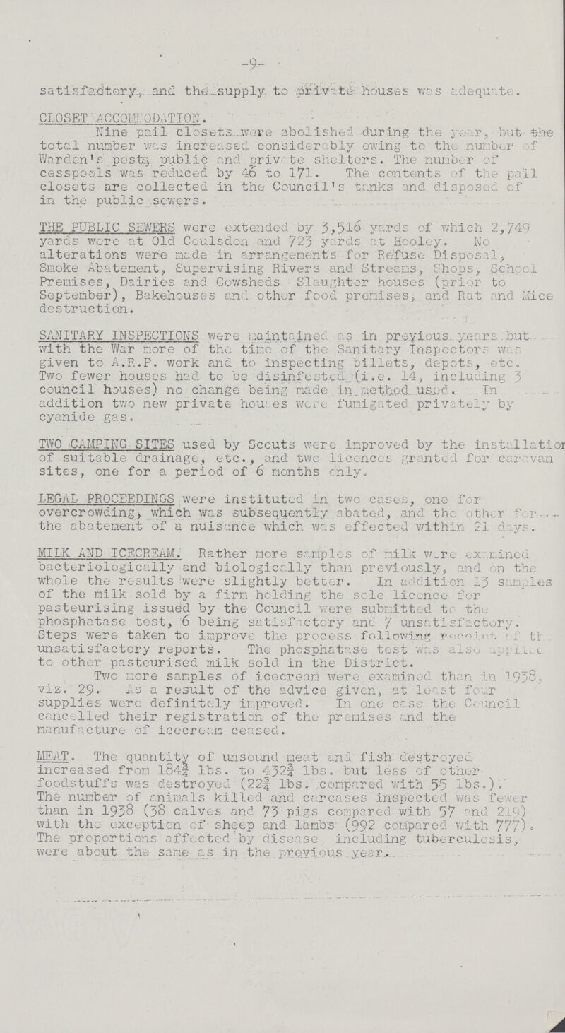 -9- satisfactory, and the supply to private houses was adequate. CLOSET ACCOMMODATION. Nine pail closets were abolished during the year, but the total number was increased considerably owing to the number of Warden's posts, public and private shelters. The number of cesspools was reduced by 46 to l7l. The contents of the pail closets are collected in the Council's tanks and disposed of in the public sewers. THE PUBLIC SEWERS were extended by 3,516 yards of which 2,749 yards were at Old Coulsdon and 723 yards at Hooley. No alterations were made in arrangements for Refuse Disposal, Smoke Abatement, Supervising Rivers and Streams, Shops, School Premises, Dairies and Cowsheds Slaughter houses (prior to September), Bakehouses and other food premises, and Rat and Mice destruction. SANITARY INSPECTIONS were maintained as in previous, years but with the War more of the time of the Sanitary Inspectors was given to A.R.P. work and to inspecting billets, depots, etc. Two fewer houses had to be disinfested (i.e. 14, including 3 council houses) no change being made in method, used In addition two new private houses were fumigated privately by cyanide gas. TWO CAMPING SITES used by Scouts were improved by the installatior of suitable drainage, etc., and two licences granted for caravan sites, one for a period of 6 months only. LEGAL PROCEEDINGS were instituted in two cases, one for overcrowding, which was subsequently abated, and the other far- the abatement of a nuisance which was effected within 21 days. MILK AND ICECREAM. Rather more samples of milk were examined bacteriologically and biologically than previously, and on the whole the results were slightly better. In addition 13 samples of the milk sold by a firm holding the sole licence for pasteurising issued by the Council were submitted to the phosphatase test, 6 being satisfactory and 7 unsatisfactory. Steps were taken to improve the process following recent, of the unsatisfactory reports. The phosphatase test was also application to other pasteurised milk sold in the District. Two more samples of icecream were examined than in 1938, viz. 29. As a result of the advice given, at least four supplies were definitely improved. In one case the Council cancelled their registration of the premises and the manufacture of icecream ceased. MEAT. The quantity of unsound meat and fish destroyed increased from l84¾ lbs. to 432¾ lbs. but less of other foodstuffs was destroyed (22¾ lbs. compared with 55 lbs.). The number of animals killed and carcases inspected was fewer than in 1938 (38 calves and 73 pigs compared with 57 and 219) with the exception of sheep and lambs (992 compared with 777). The proportions affected by disease including tuberculosis, were about the same as in the previous year