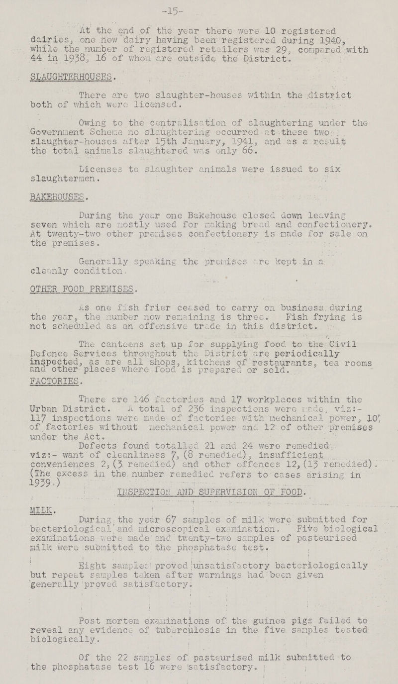 15 At the end of the year there were 10 registered dairies, one new dairy having been registered during 1940, while the number of registered retailers was 29, compared with 44 in 1938, 16 of whom are outside the District. SLAUGHTERHOUSES. There are two slaughter-houses within the district both of which were licensed. Owing to the centralisation of slaughtering under the Government Scheme no slaughtering occurred at these two slaughter-houses after 15th January, 1941, and as a result the total animals slaughtered was only 66. Licenses to slaughter animals were issued to six slaughtermen. BAKEHOUSES. During the year one Bakehouse closed down leaving seven which are mostly used for making bread and confectionery. At twenty-two other premises confectionery is made for sale on the premises. Generally speaking the premises are kept in a c1eanly condition. OTHER FOOD PREMISES. As one fish frier ceased to carry on business during the year, the number now remaining is three. Fish frying is not scheduled as an offensive trade in this district. The canteens set up for supplying food to the Civil Defence Services throughout the District are periodically inspected, as are all shops, kitchens of restaurants, tea rooms and other places where food is prepared or sold. FACTORIES. There are 146 factories and 17 workplaces within the Urban District. A total of 236 inspections were made, viz: 117 inspections were made of factories with mechanical power, 10; of factories without mechanical power and 12 of other premises under the Act. Defects found totalled 21 and 24 were remedied viz;- want of cleanliness 7, (8 remedied), insufficient conveniences 2,(3 remedied) and other offences 12,(13 remedied). (The excess in the number remedied refers to cases arising in 1939.) INSPECTION AND SUPERVISION OF FOOD. MILK. During the year 67 samples of milk were submitted for bacteriological and microscopical examination. Five biological examinations were made and twenty-two samples of pasteurised milk were submitted to the phosphatase test. Eight samples proved unsatisfactory bacteriologically but repeat samples taken after warnings had been given generally proved satisfactory. Post mortem examinations of the guinea pigs failed to reveal any evidence of tuberculosis in the five samples tested biologically. Of the 22 samples of pasteurised milk submitted to the phosphatase test 16 were satisfactory.