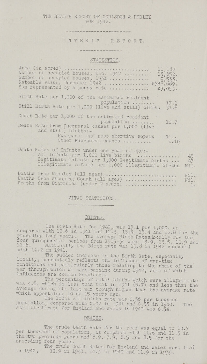 THE HEALTH REPORT OF COULSDON & PURLEY FOR 1942. INTERIM REPORT. STATISTICS. Area (in acres) 11,182 Number of occupied houses, Dec. 1942 15,652. Number of occupied houses, 193L 9,533. Rateable Value, December 1942 £748,669. Sun represented by a penny rate £3,053 Birth Rate per 1,000 of the estimated resident population 17.1 Still Birth Rate per 1,000 (live and still) births 31.8 Death Rate per 1,000 of the estimated resident population 10.7 Death Rate from Puerperal causes per 1,000 (live and still) births :- Puerperal and post abortive sepsis Nil. Other Puerperal causes 1.10 Death Rates of Infants under one year of age:- All infants per 1,000 live births 45 Legitimate infants per 1,000 legitimate births 47 Illegitimate infants per 1,000 illegitimate births Nil. Deaths from Measles (all ages) Nil. Deaths from Whooping Cough (all ages) Nil. Deaths from Diarrhoea (under 2 years) 1. VITAL STATISTICS. BIRTHS. The Birth Rate for 1942, was 17.1 per 1,000, as compared with 12.6 in 1941 and 12.3, 13.5, 13.4 and 12.8 for the preceding four years. The average Birth Rates locally for the four quinquennial periods from 1915-34 were 13.9, 13.5, 12.9 and 11.6. Nationally the Birth rate was 15.8 in 1942 compared with 14.2 in 1941. The sudden increase in the Birth Rate, especially locally, undoubtedly reflects the influence of war-time conditions and particularly those relating to the phase of the war through which we were passing during 1942, some of which influences are common knowledge. The percentage of total births which were illegitimate was 4.8, which is less than that in 1941 (5.7) and less than the average during the. last war though higher than the average rate which appertained 10 or 15 years ago. The local stillbirth rate was 0.56 per thousand population, compared with 0.42 in 1941 and 0.35 in 1940. The stillbirth rate for England and Wales in 1942 was 0.54. DEATHS. The crude Death Rate for the year was equal to 10.7 per thousand of population, as compared with 11.6 and 11.5 in the two previous years and 8.9, 7.9, 8.5 and 8.5 for the preceding four years. The crude Death Rates for England and Wales were 11.6 in 1942, 12.9 in 1941, 14.3 in 1940 and 11.9 in 1939.