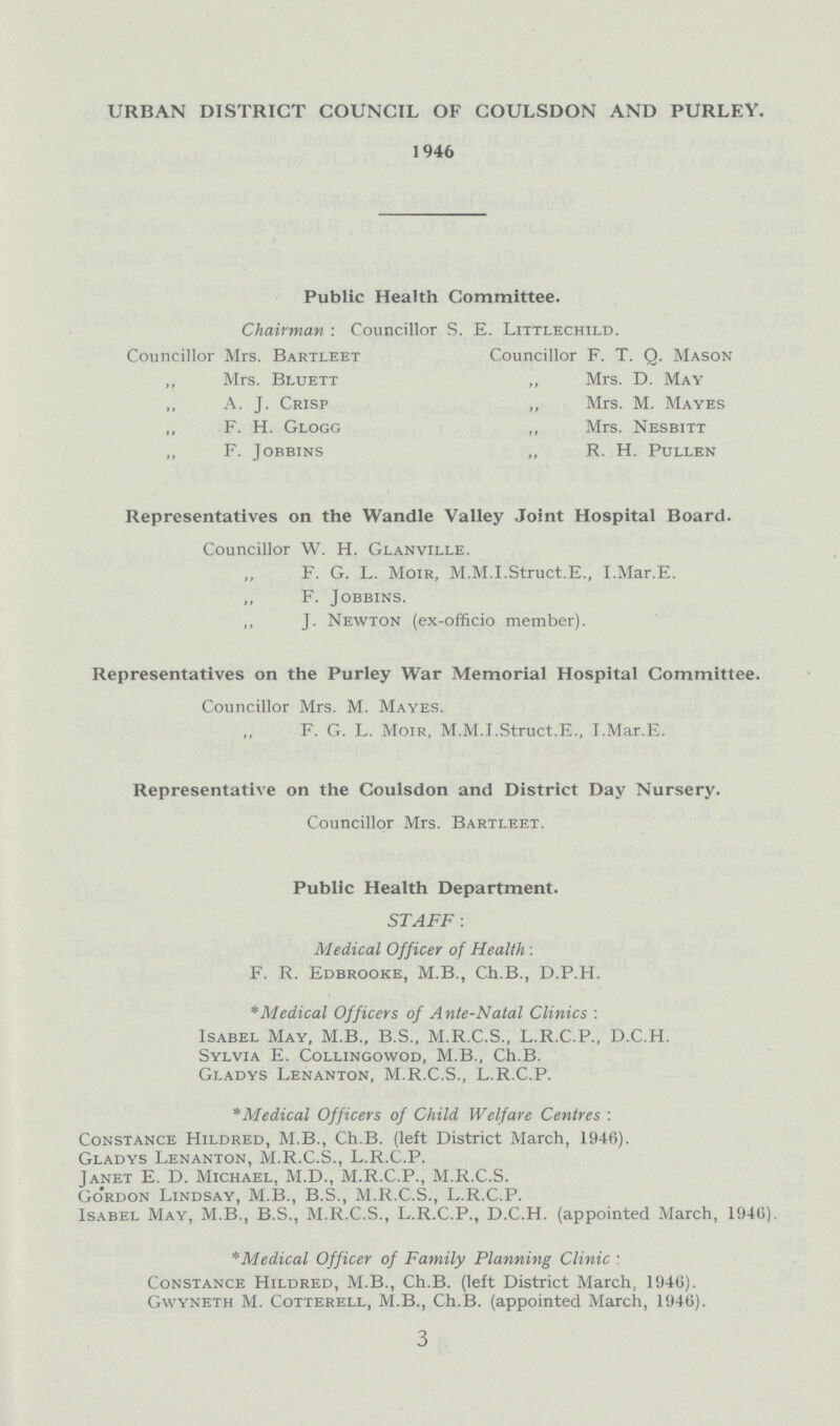 URBAN DISTRICT COUNCIL OF COULSDON AND PURLEY. 1946 Public Health Committee. Chairman : Councillor S. E. Littlechild. Councillor Mrs. Bartleet „ Mrs. Bluett ,, A. J. Crisp „ F. H. Glogg „ F. J obbins Councillor F. T. Q. Mason „ Mrs. D. May „ Mrs. M. Mayes „ Mrs. Nesbitt „ R. H. Pullen Representatives on the Wandle Valley Joint Hospital Board. Councillor W. H. Glanville. „ F. G. L. Moir, M.M.I.Struct.E., I.Mar.E. ,, F. Jobbins. „ J. Newton (ex-officio member). Representatives on the Purley War Memorial Hospital Committee. Councillor Mrs. M. Mayes. F. G. L. Moir, M.M.I.Struct.E., I.Mar.E. Representative on the Coulsdon and District Day Nursery. Councillor Mrs. Bartleet. Public Health Department. STAFF: Medical Officer of Health: F. R. Edbrooke, M.B., Ch.B., D.P.H. *Medical Officers of Ante-Natal Clinics : Isabel May, M.B., B.S., M.R.C.S., L.R.C.P., D.C.H. Sylvia E. Collingowod, M.B., Ch.B. Gladys Lenanton, M.R.C.S., L.R.C.P. *Medical Officers of Child Welfare Centres : Constance Hildred, M.B., Ch.B. (left District March, 1946). Gladys Lenanton, M.R.C.S., L.R.C.P. Janet E. D. Michael, M.D., M.R.C.P., M.R.C.S. Gordon Lindsay, M.B., B.S., M.R.C.S., L.R.C.P. Isabel May, M.B., B.S., M.R.C.S., L.R.C.P., D.C.H. (appointed March, 1946). *Medical Officer of Family Planning Clinic: Constance Hildred, M.B., Ch.B. (left District March, 1946). Gwyneth M. Cotterell, M.B., Ch.B. (appointed March, 1946). 3