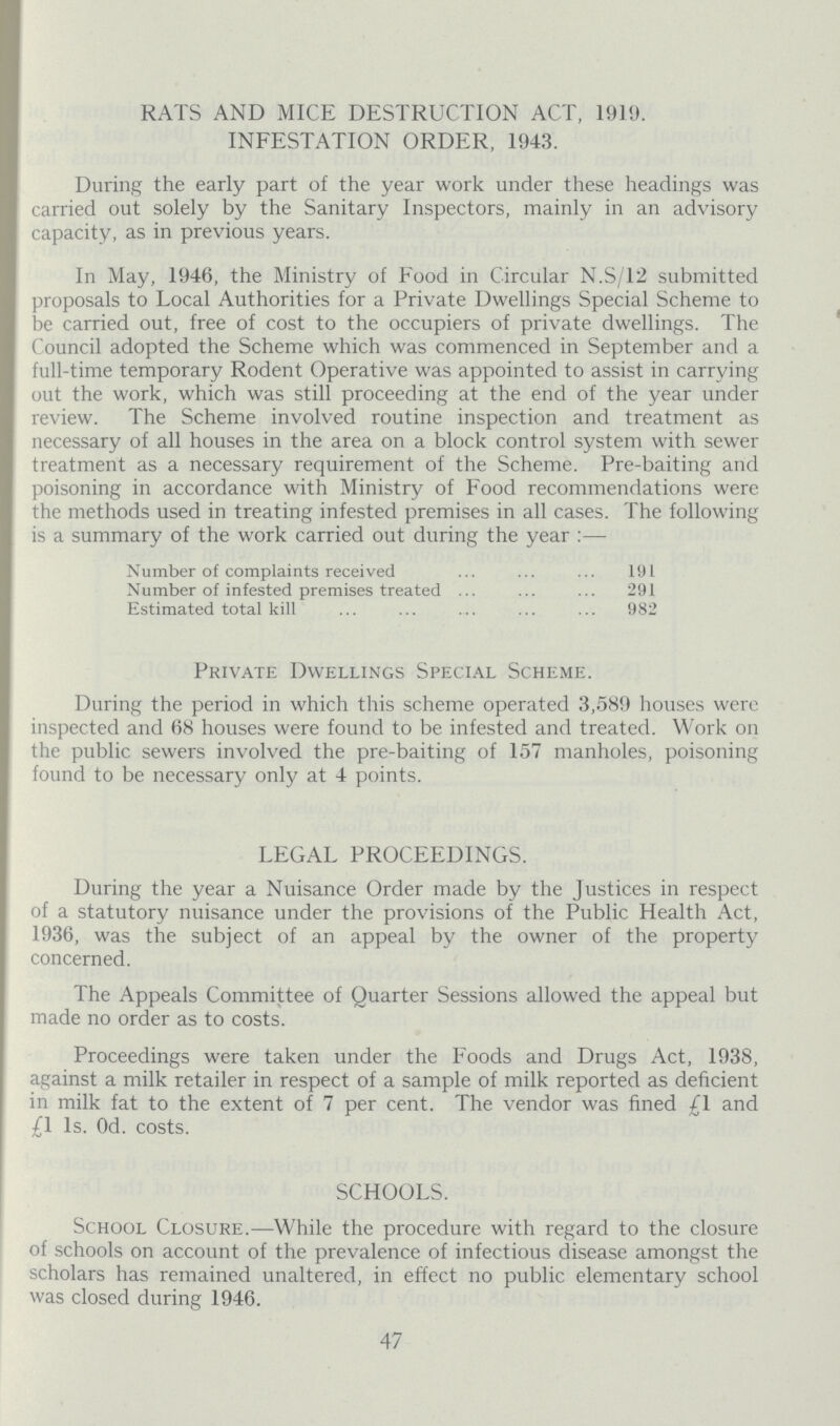 RATS AND MICE DESTRUCTION ACT, 1919. INFESTATION ORDER, 1943. During the early part of the year work under these headings was carried out solely by the Sanitary Inspectors, mainly in an advisory capacity, as in previous years. In May, 1946, the Ministry of Food in Circular N.S/12 submitted proposals to Local Authorities for a Private Dwellings Special Scheme to be carried out, free of cost to the occupiers of private dwellings. The Council adopted the Scheme which was commenced in September and a full-time temporary Rodent Operative was appointed to assist in carrying out the work, which was still proceeding at the end of the year under review. The Scheme involved routine inspection and treatment as necessary of all houses in the area on a block control system with sewer treatment as a necessary requirement of the Scheme. Pre-baiting and poisoning in accordance with Ministry of Food recommendations were the methods used in treating infested premises in all cases. The following is a summary of the work carried out during the year:— Number of complaints received 191 Number of infested premises treated 291 Estimated total kill 982 Private Dwellings Special Scheme. During the period in which this scheme operated 3,589 houses were inspected and 68 houses were found to be infested and treated. Work on the public sewers involved the pre-baiting of 157 manholes, poisoning found to be necessary only at 4 points. LEGAL PROCEEDINGS. During the year a Nuisance Order made by the Justices in respect of a statutory nuisance under the provisions of the Public Health Act, 1936, was the subject of an appeal by the owner of the property concerned. The Appeals Committee of Quarter Sessions allowed the appeal but made no order as to costs. Proceedings were taken under the Foods and Drugs Act, 1938, against a milk retailer in respect of a sample of milk reported as deficient in milk fat to the extent of 7 per cent. The vendor was fined £1 and £1 Is. Od. costs. SCHOOLS. School Closure.—While the procedure with regard to the closure of schools on account of the prevalence of infectious disease amongst the scholars has remained unaltered, in effect no public elementary school was closed during 1946. 47