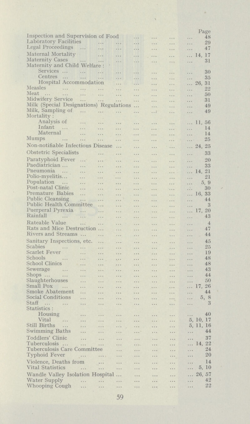 Page Inspection and Supervision of Food 48 Laboratory Facilities 29 Legal Proceedings 47 Maternal Mortality 14, 17 Maternity Cases 31 Maternity and Child Welfare : Services 30 Centres 35 Hospital Accommodation 26, 31 Measles 22 Meat 50 Midwifery Service 31 Milk (Special Designations) Regulations 49 Milk, Sampling of 49 Mortality : Analysis of 11, 56 Infant 14 Maternal 14 Mumps 25 Non-notifiable Infectious Disease 24,25 Obstetric Specialists 33 Paratyphoid Fever 20 Paediatrician 33 Pneumonia 14, 21 Polio-myelitis 21 Population 5, 9 Post-natal Clinic 30 Premature Babies 16, 33 Public Cleansing 44 Public Health Committee 3 Puerperal Pyrexia 17, 20 Rainfall 43 Rateable Value 4 Rats and Mice Destruction 47 Rivers and Streams 44 Sanitary Inspections, etc. 45 Scabies 25 Scarlet Fever 19 Schools 48 School Clinics 48 Sewerage 43 Shops 44 Slaughterhouses 50 Small Pox 17, 26 Smoke Abatement 44 Social Conditions 5, 8 Staff 3 Statistics : Housing 40 Vital 5, 10, 17 Still Births 5, 11, 16 Swimming Baths 44 Toddlers'Clinic 37 Tuberculosis 14,22 Tuberculosis Care Committee 24 Typhoid Fever 20 Violence, Deaths from 14 Vital Statistics 5, 10 Wandle Valley Isolation Hospital 26, 57 Water Supply 42 Whooping Cough 22 59