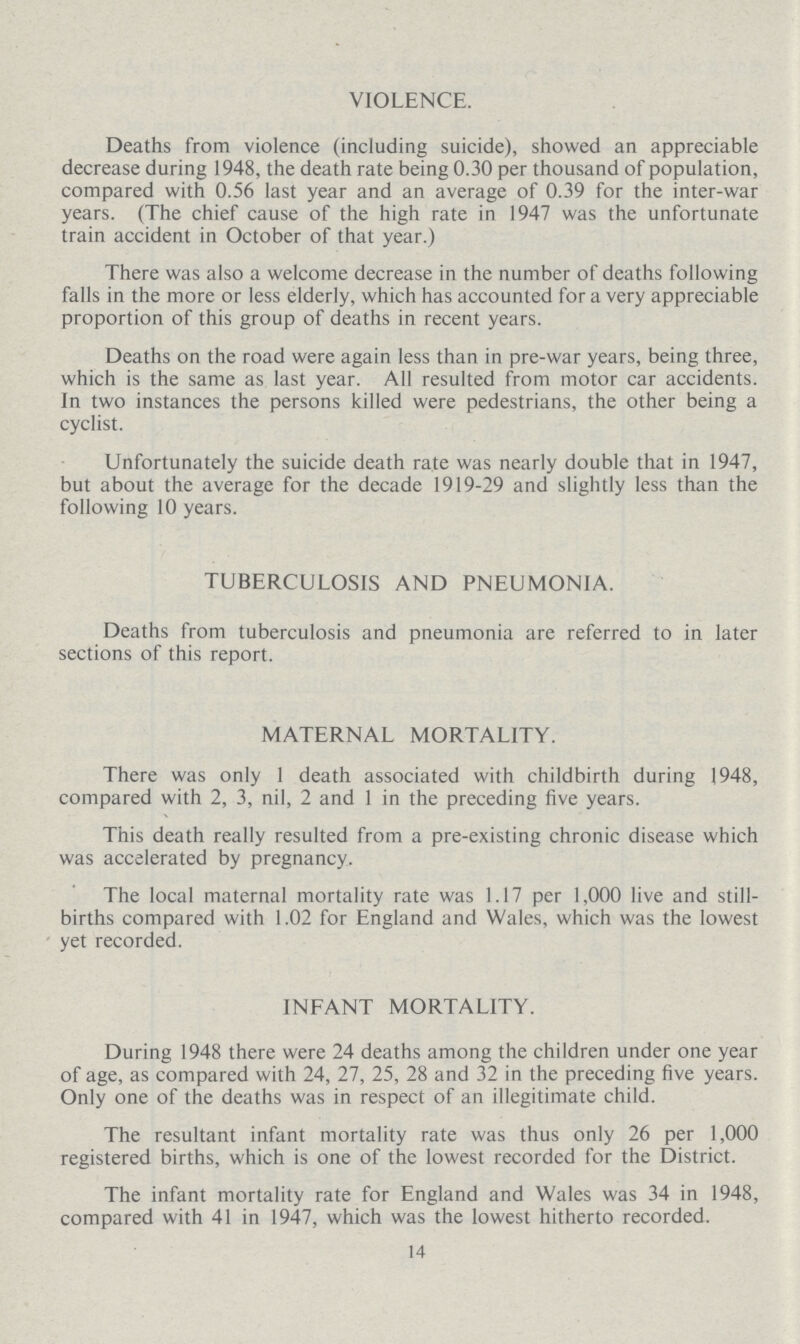 VIOLENCE. Deaths from violence (including suicide), showed an appreciable decrease during 1948, the death rate being 0.30 per thousand of population, compared with 0.56 last year and an average of 0.39 for the inter-war years. (The chief cause of the high rate in 1947 was the unfortunate train accident in October of that year.) There was also a welcome decrease in the number of deaths following falls in the more or less elderly, which has accounted for a very appreciable proportion of this group of deaths in recent years. Deaths on the road were again less than in pre-war years, being three, which is the same as last year. All resulted from motor car accidents. In two instances the persons killed were pedestrians, the other being a cyclist. Unfortunately the suicide death rate was nearly double that in 1947, but about the average for the decade 1919-29 and slightly less than the following 10 years. TUBERCULOSIS AND PNEUMONIA. Deaths from tuberculosis and pneumonia are referred to in later sections of this report. MATERNAL MORTALITY. There was only 1 death associated with childbirth during 1948, compared with 2, 3, nil, 2 and 1 in the preceding five years. This death really resulted from a pre-existing chronic disease which was accelerated by pregnancy. The local maternal mortality rate was 1.17 per 1,000 live and still births compared with 1.02 for England and Wales, which was the lowest yet recorded. INFANT MORTALITY. During 1948 there were 24 deaths among the children under one year of age, as compared with 24, 27, 25, 28 and 32 in the preceding five years. Only one of the deaths was in respect of an illegitimate child. The resultant infant mortality rate was thus only 26 per 1,000 registered births, which is one of the lowest recorded for the District. The infant mortality rate for England and Wales was 34 in 1948, compared with 41 in 1947, which was the lowest hitherto recorded. 14