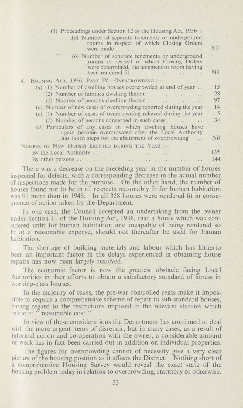 (4) Proceedings under Section 12 of the Housing Act, 1936 : (a) Number of separate tenements or underground rooms in respect of which Closing Orders were made Nil (b) Number of separate tenements or underground rooms in respect of which Closing Orders were determined, the tenement or room having been rendered fit Nil 4. Housing Act, 1936, Part IV—Overcrowding:— (a) (1) Number of dwelling houses overcrowded at end of year 15 (2) Number of families dwelling therein 28 (3) Number of persons dwelling therein 97 (b) Number of new cases of overcrowding reported during the year 14 (c) (1) Number of cases of overcrowding relieved during the year 5 (2) Number of persons concerned in such cases 34 (d) Particulars of any cases in which dwelling houses have again become overcrowded after the Local Authority has taken steps for the abatement of overcrowding Nil Number of New Houses Erected during the Year:— By the Local Authority 135 By other persons 144 There was a decrease on the preceding year in the number of houses inspected for defects, with a corresponding decrease in the actual number of inspections made for the purpose. On the other hand, the number of houses found not to be in all respects reasonably fit for human habitation was 91 more than in 1948. In all 358 houses were rendered fit in conse quence of action taken by the Department. In one case, the Council accepted an undertaking from the owner under Section 11 of the Housing Act, 1936, that a house which was con sidered unfit for human habitation and incapable of being rendered so fit at a reasonable expense, should not thereafter be used for human habitation. The shortage of building materials and labour which has hitherto been an important factor in the delays experienced in obtaining house repairs has now been largely resolved. The economic factor is now the greatest obstacle facing Local Authorities in their efforts to obtain a satisfactory standard of fitness in working-class houses. In the majority of cases, the pre-war controlled rents make it impos sible to require a comprehensive scheme of repair to sub-standard houses, having regard to the restrictions imposed in the relevant statutes which relate to  reasonable cost. In view of these considerations the Department has continued to deal with the more urgent items of disrepair, but in many cases, as a result of informal action and co-operation with the owner, a considerable amount of work has in fact been carried out in addition on individual properties. The figures for overcrowding cannot of necessity give a very clear picture of the housing position as it affects the District. Nothing short of a comprehensive Housing Survey would reveal the exact state of the housing problem today in relation to overcrowding, statutory or otherwise. 33