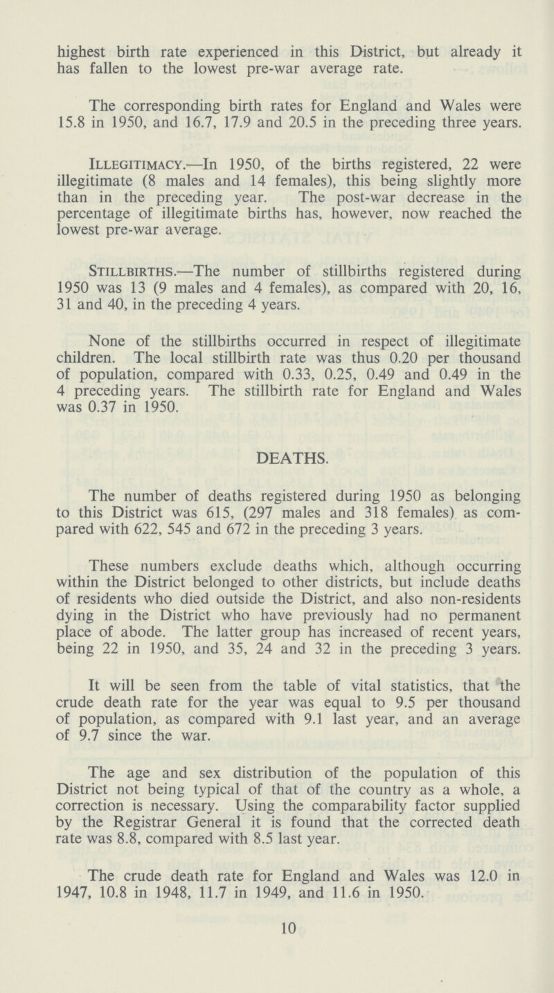 highest birth rate experienced in this District, but already it has fallen to the lowest pre-war average rate. The corresponding birth rates for England and Wales were 15.8 in 1950, and 16.7, 17.9 and 20.5 in the preceding three years. Illegitimacy.—In 1950, of the births registered, 22 were illegitimate (8 males and 14 females), this being slightly more than in the preceding year. The post-war decrease in the percentage of illegitimate births has, however, now reached the lowest pre-war average. Stillbirths.—The number of stillbirths registered during 1950 was 13 (9 males and 4 females), as compared with 20, 16, 31 and 40, in the preceding 4 years. None of the stillbirths occurred in respect of illegitimate children. The local stillbirth rate was thus 0.20 per thousand of population, compared with 0.33, 0.25, 0.49 and 0.49 in the 4 preceding years. The stillbirth rate for England and Wales was 0.37 in 1950. DEATHS. The number of deaths registered during 1950 as belonging to this District was 615, (297 males and 318 females) as com pared with 622, 545 and 672 in the preceding 3 years. These numbers exclude deaths which, although occurring within the District belonged to other districts, but include deaths of residents who died outside the District, and also non-residents dying in the District who have previously had no permanent place of abode. The latter group has increased of recent years, being 22 in 1950, and 35, 24 and 32 in the preceding 3 years. It will be seen from the table of vital statistics, that the crude death rate for the year was equal to 9.5 per thousand of population, as compared with 9.1 last year, and an average of 9.7 since the war. The age and sex distribution of the population of this District not being typical of that of the country as a whole, a correction is necessary. Using the comparability factor supplied by the Registrar General it is found that the corrected death rate was 8.8, compared with 8.5 last year. The crude death rate for England and Wales was 12.0 in 1947, 10.8 in 1948, 11.7 in 1949, and 11.6 in 1950. 10