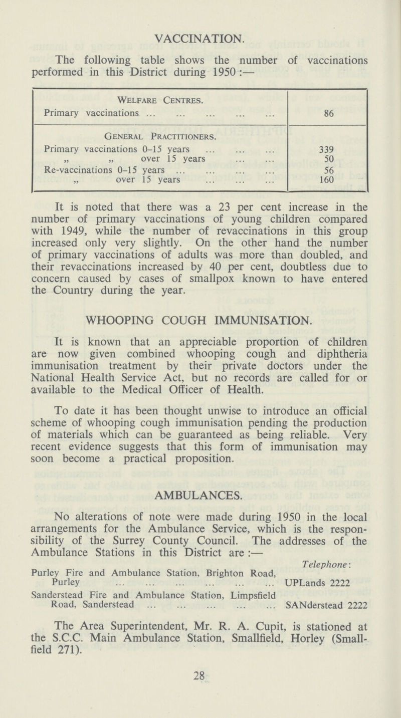 VACCINATION. The following table shows the number of vaccinations performed in this District during 1950:— Welfare Centres. Primary vaccinations 86 General Practitioners. Primary vaccinations 0-15 years 339 „ „ over 15 years 50 Re-vaccinations 0-15 years 56 „ over 15 years 160 It is noted that there was a 23 per cent increase in the number of primary vaccinations of young children compared with 1949, while the number of revaccinations in this group increased only very slightly. On the other hand the number of primary vaccinations of adults was more than doubled, and their revaccinations increased by 40 per cent, doubtless due to concern caused by cases of smallpox known to have entered the Country during the year. WHOOPING COUGH IMMUNISATION. It is known that an appreciable proportion of children are now given combined whooping cough and diphtheria immunisation treatment by their private doctors under the National Health Service Act, but no records are called for or available to the Medical Officer of Health. To date it has been thought unwise to introduce an official scheme of whooping cough immunisation pending the production of materials which can be guaranteed as being reliable. Very recent evidence suggests that this form of immunisation may soon become a practical proposition. AMBULANCES. No alterations of note were made during 1950 in the local arrangements for the Ambulance Service, which is the respon sibility of the Surrey County Council. The addresses of the Ambulance Stations in this District are:— Telephone: Purley Fire and Ambulance Station, Brighton Road, Purley UPLands 2222 Sanderstead Fire and Ambulance Station, Limpsfield Road, Sanderstead SANderstead 2222 The Area Superintendent, Mr. R. A. Cupit, is stationed at the S.C.C. Main Ambulance Station, Smallfield, Horley (Small field 271). 28