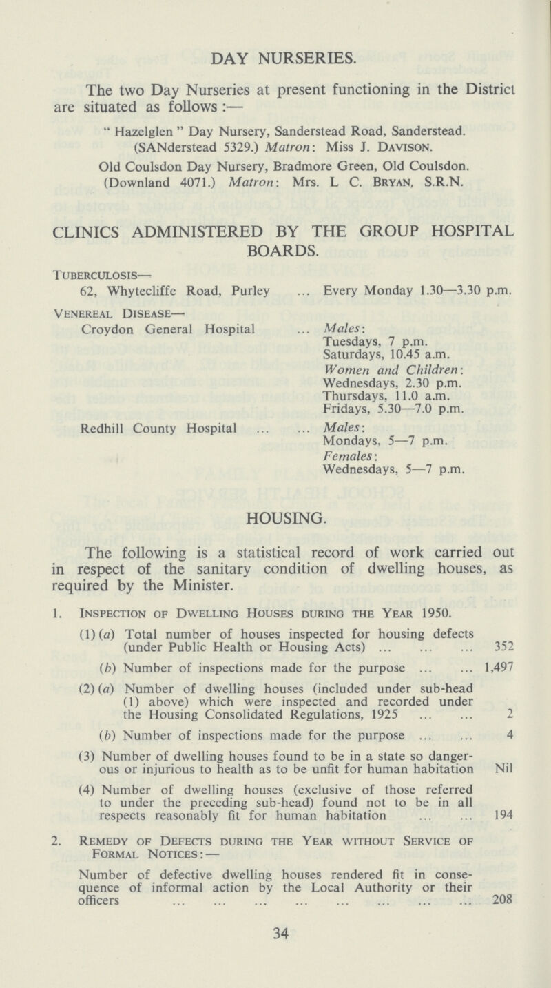 DAY NURSERIES. The two Day Nurseries at present functioning in the District are situated as follows:— Hazelglen Day Nursery, Sanderstead Road, Sanderstead. (SANderstead 5329.) Matron: Miss J. Davison. Old Coulsdon Day Nursery, Bradmore Green, Old Coulsdon. (Downland 4071.) Matron: Mrs. L C. Bryan, S.R.N. CLINICS ADMINISTERED BY THE GROUP HOSPITAL BOARDS. Tuberculosis— 62, Whytecliffe Road, Purley Every Monday 1.30—3.30 p.m. Venereal Disease— Croydon General Hospital Males: Tuesdays, 7 p.m. Saturdays, 10.45 a.m. Women and Children: Wednesdays, 2.30 p.m. Thursdays, 11.0 a.m. Fridays, 5.30—7.0 p.m. Redhill County Hospital Males: Mondays, 5—7 p.m. Females: Wednesdays, 5—7 p.m. HOUSING. The following is a statistical record of work carried out in respect of the sanitary condition of dwelling houses, as required by the Minister. 1. Inspection of Dwelling Houses during the Year 1950. (1) (a) Total number of houses inspected for housing defects (under Public Health or Housing Acts) 352 (b) Number of inspections made for the purpose 1,497 (2) (a) Number of dwelling houses (included under sub-head (1) above) which were inspected and recorded under the Housing Consolidated Regulations, 1925 2 (b) Number of inspections made for the purpose 4 (3) Number of dwelling houses found to be in a state so danger ous or injurious to health as to be unfit for human habitation Nil (4) Number of dwelling houses (exclusive of those referred to under the preceding sub-head) found not to be in all respects reasonably fit for human habitation 94 2. Remedy of Defects during the Year without Service of Formal Notices:— Number of defective dwelling houses rendered fit in conse quence of informal action by the Local Authority or their officers 208 34