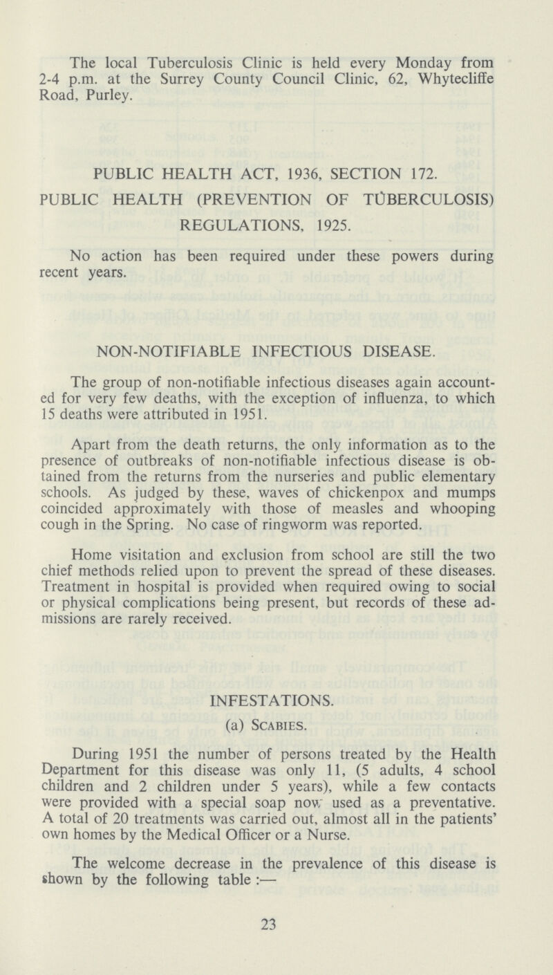 The local Tuberculosis Clinic is held every Monday from 2-4 p.m. at the Surrey County Council Clinic, 62, Whytecliffe Road, Purley. PUBLIC HEALTH ACT, 1936, SECTION 172. PUBLIC HEALTH (PREVENTION OF TUBERCULOSIS) REGULATIONS, 1925. No action has been required under these powers during recent years. NON-NOTIFIABLE INFECTIOUS DISEASE. The group of non-notifiable infectious diseases again account ed for very few deaths, with the exception of influenza, to which 15 deaths were attributed in 1951. Apart from the death returns, the only information as to the presence of outbreaks of non-notifiable infectious disease is ob tained from the returns from the nurseries and public elementary schools. As judged by these, waves of chickenpox and mumps coincided approximately with those of measles and whooping cough in the Spring. No case of ringworm was reported. Home visitation and exclusion from school are still the two chief methods relied upon to prevent the spread of these diseases. Treatment in hospital is provided when required owing to social or physical complications being present, but records of these ad missions are rarely received. INFESTATIONS. (a) Scabies. During 1951 the number of persons treated by the Health Department for this disease was only 11, (5 adults, 4 school children and 2 children under 5 years), while a few contacts were provided with a special soap now used as a preventative. A total of 20 treatments was carried out, almost all in the patients' own homes by the Medical Officer or a Nurse. The welcome decrease in the prevalence of this disease is shown by the following table:— 23