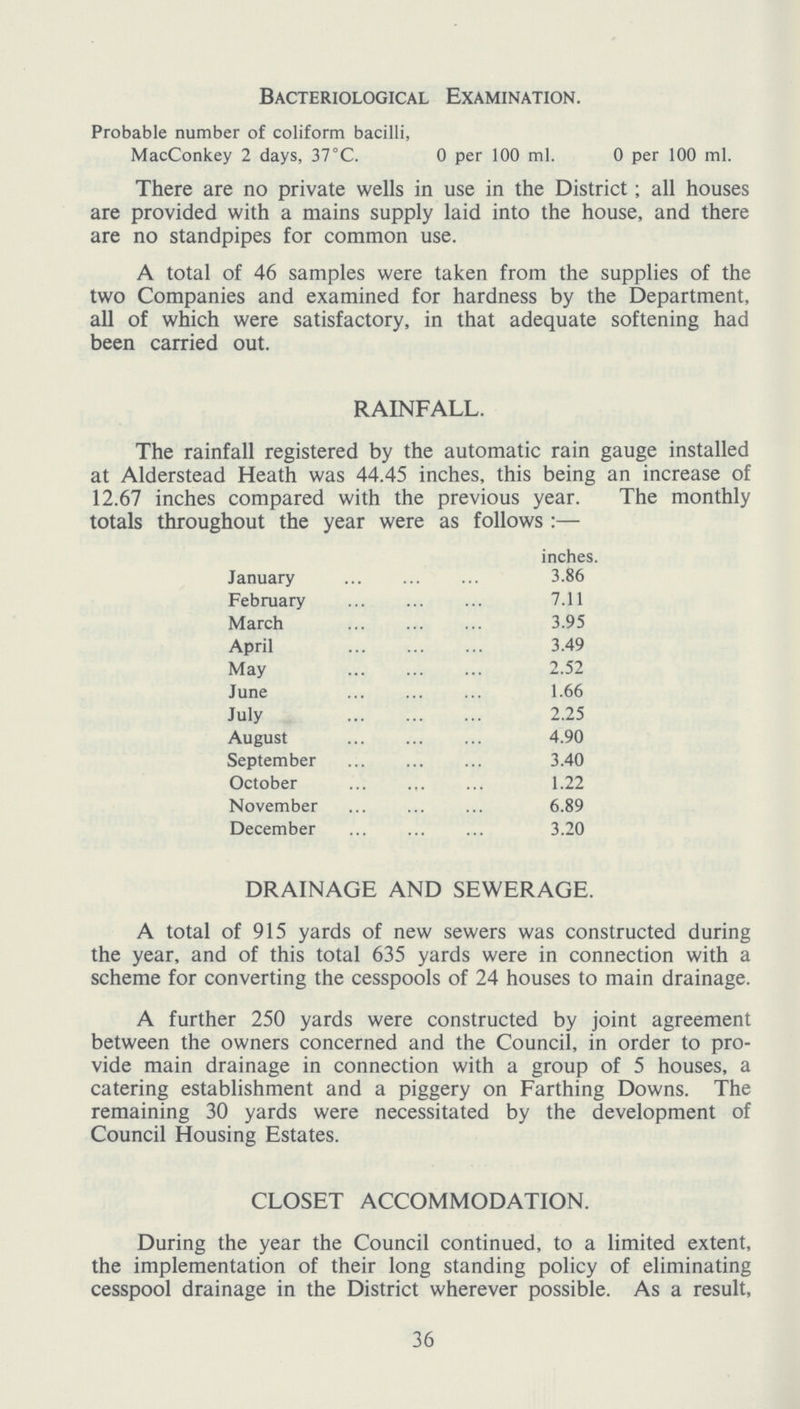 Bacteriological Examination. Probable number of coliform bacilli, MacConkey 2 days, 37°C. 0 per 100 ml. 0 per 100 ml. There are no private wells in use in the District; all houses are provided with a mains supply laid into the house, and there are no standpipes for common use. A total of 46 samples were taken from the supplies of the two Companies and examined for hardness by the Department, all of which were satisfactory, in that adequate softening had been carried out. RAINFALL. The rainfall registered by the automatic rain gauge installed at Alderstead Heath was 44.45 inches, this being an increase of 12.67 inches compared with the previous year. The monthly totals throughout the year were as follows:— inches. January 3.86 February 7.11 March 3.95 April 3.49 May 2.52 June 1.66 July 2.25 August 4.90 September 3.40 October 1.22 November 6.89 December 3.20 DRAINAGE AND SEWERAGE. A total of 915 yards of new sewers was constructed during the year, and of this total 635 yards were in connection with a scheme for converting the cesspools of 24 houses to main drainage. A further 250 yards were constructed by joint agreement between the owners concerned and the Council, in order to pro vide main drainage in connection with a group of 5 houses, a catering establishment and a piggery on Farthing Downs. The remaining 30 yards were necessitated by the development of Council Housing Estates. CLOSET ACCOMMODATION. During the year the Council continued, to a limited extent, the implementation of their long standing policy of eliminating cesspool drainage in the District wherever possible. As a result, 36