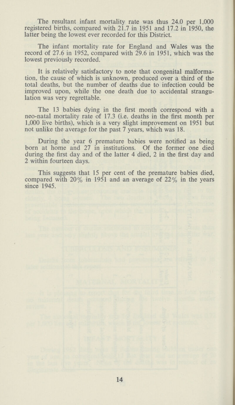 The resultant infant mortality rate was thus 24.0 per 1,000 registered births, compared with 21.7 in 1951 and 17.2 in 1950, the latter being the lowest ever recorded for this District. The infant mortality rate for England and Wales was the record of 27.6 in 1952, compared with 29.6 in 1951, which was the lowest previously recorded. It is relatively satisfactory to note that congenital malforma tion, the cause of which is unknown, produced over a third of the total deaths, but the number of deaths due to infection could be improved upon, while the one death due to accidental strangu lation was very regrettable. The 13 babies dying in the first month correspond with a neo-natal mortality rate of 17.3 (i.e. deaths in the first month per 1,000 live births), which is a very slight improvement on 1951 but not unlike the average for the past 7 years, which was 18. During the year 6 premature babies were notified as being born at home and 27 in institutions. Of the former one died during the first day and of the latter 4 died, 2 in the first day and 2 within fourteen days. This suggests that 15 per cent of the premature babies died, compared with 20% in 1951 and an average of 22% in the years since 1945. 14