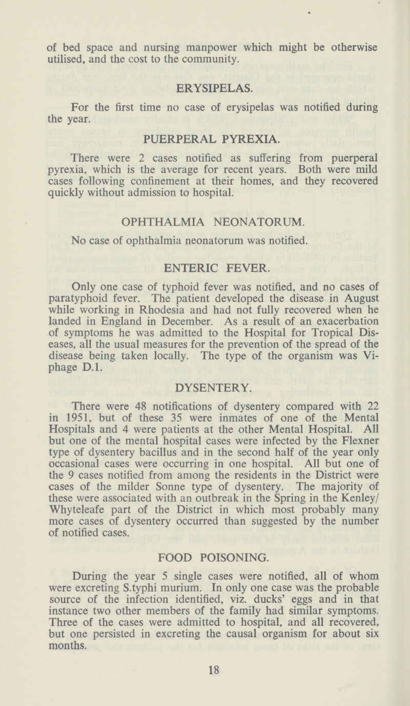 of bed space and nursing manpower which might be otherwise utilised, and the cost to the community. ERYSIPELAS. For the first time no case of erysipelas was notified during the year. PUERPERAL PYREXIA. There were 2 cases notified as suffering from puerperal pyrexia, which is the average for recent years. Both were mild cases following confinement at their homes, and they recovered quickly without admission to hospital. OPHTHALMIA NEONATORUM. No case of ophthalmia neonatorum was notified. ENTERIC FEVER. Only one case of typhoid fever was notified, and no cases of paratyphoid fever. The patient developed the disease in August while working in Rhodesia and had not fully recovered when he landed in England in December. As a result of an exacerbation of symptoms he was admitted to the Hospital for Tropical Dis eases, all the usual measures for the prevention of the spread of the disease being taken locally. The type of the organism was Vi phage D.l. DYSENTERY. There were 48 notifications of dysentery compared with 22 in 1951, but of these 35 were inmates of one of the Mental Hospitals and 4 were patients at the other Mental Hospital. All but one of the mental hospital cases were infected by the Flexner type of dysentery bacillus and in the second half of the year only occasional cases were occurring in one hospital. All but one of the 9 cases notified from among the residents in the District were cases of the milder Sonne type of dysentery. The majority of these were associated with an outbreak in the Spring in the Kenley/ Whyteleafe part of the District in which most probably many more cases of dysentery occurred than suggested by the number of notified cases. FOOD POISONING. During the year 5 single cases were notified, all of whom were excreting S.typhi murium. In only one case was the probable source of the infection identified, viz. ducks' eggs and in that instance two other members of the family had similar symptoms. Three of the cases were admitted to hospital, and all recovered, but one persisted in excreting the causal organism for about six months. 18