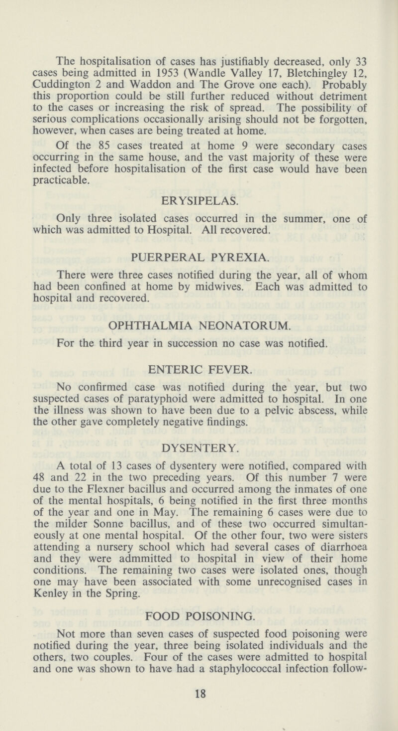 The hospitalisation of cases has justifiably decreased, only 33 cases being admitted in 1953 (Wandle Valley 17, Bletchingley 12, Cuddington 2 and Waddon and The Grove one each). Probably this proportion could be still further reduced without detriment to the cases or increasing the risk of spread. The possibility of serious complications occasionally arising should not be forgotten, however, when cases are being treated at home. Of the 85 cases treated at home 9 were secondary cases occurring in the same house, and the vast majority of these were infected before hospitalisation of the first case would have been practicable. ERYSIPELAS. Only three isolated cases occurred in the summer, one of which was admitted to Hospital. All recovered. PUERPERAL PYREXIA. There were three cases notified during the year, all of whom had been confined at home by midwives. Each was admitted to hospital and recovered. OPHTHALMIA NEONATORUM. For the third year in succession no case was notified. ENTERIC FEVER. No confirmed case was notified during the year, but two suspected cases of paratyphoid were admitted to hospital. In one the illness was shown to have been due to a pelvic abscess, while the other gave completely negative findings. DYSENTERY. A total of 13 cases of dysentery were notified, compared with 48 and 22 in the two preceding years. Of this number 7 were due to the Flexner bacillus and occurred among the inmates of one of the mental hospitals, 6 being notified in the first three months of the year and one in May. The remaining 6 cases were due to the milder Sonne bacillus, and of these two occurred simultan eously at one mental hospital. Of the other four, two were sisters attending a nursery school which had several cases of diarrhoea and they were admmitted to hospital in view of their home conditions. The remaining two cases were isolated ones, though one may have been associated with some unrecognised cases in Kenley in the Spring. FOOD POISONING. Not more than seven cases of suspected food poisoning were notified during the year, three being isolated individuals and the others, two couples. Four of the cases were admitted to hospital and one was shown to have had a staphylococcal infection follow¬ 18