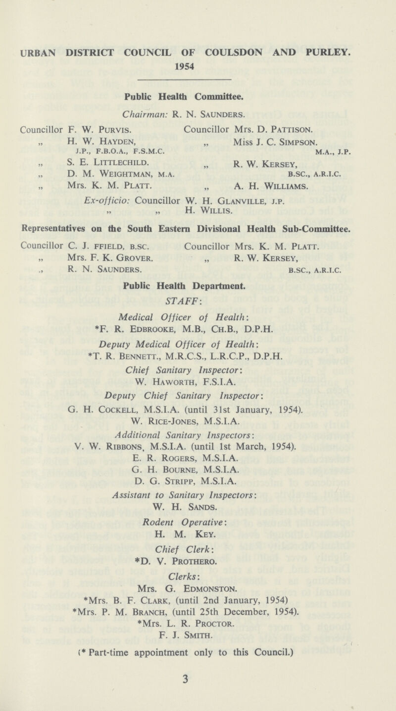 URBAN DISTRICT COUNCIL OF COULSDON AND PURLEY. 1954 Public Health Committee. Chairman: R. N. Saunders. Councillor F. W. Purvis. Councillor Mrs. D. Pattison. „ H. W. Hayden, „ Miss J. C. Simpson. j.p., f.b.o.a., f.s.m.c. m.a., j.p. S. E. Littlechild. n r w. Kersey, „ D. M. Weightman, m.a. b.sc., a.r.i.c. Mrs. K. M. Platt. „ A. H. Williams. Ex-officio: Councillor W. H. Glanville, j.p. „ „ H. Willis. Representatives on the South Eastern Divisional Health Sub-Committee. Councillor C. J. ffield, b.sc. Councillor Mrs. K. M. Platt. „ Mrs. F. K. Grover. „ R. W. Kersey, ., R. N. Saunders. b.sc., a.r.i.c. Public Health Department. STAFF: Medical Officer of Health: *F. R. Edbrooke, M.B., Ch.B., D.P.H. Deputy Medical Officer of Health: *T. R. Bennett., M.R.C.S., L.R.C.P., D.P.H. Chief Sanitary Inspector: W. Haworth, F.S.I.A. Deputy Chief Sanitary Inspector: G. H. Cockell, M.S.I.A. (until 31st January, 1954). W. Rice-Jones, M.S.I.A. Additional Sanitary Inspectors: V. W. Ribbons, M.S.I.A. (until 1st March, 1954). E. R. Rogers, M.S.I.A. G. H. Bourne, M.S.I.A. D. G. Stripp, M.S.I.A. Assistant to Sanitary Inspectors: W. H. Sands. Rodent Operative: H. M. Key. Chief Clerk: *D. V. Prothero. Clerks: Mrs. G. Edmonston. *Mrs. B. F. Clark, (until 2nd January, 1954) *Mrs. P. M. Branch, (until 25th December, 1954). *Mrs. L. R. Proctor. F. J. Smith. (* Part-time appointment only to this Council.) 3