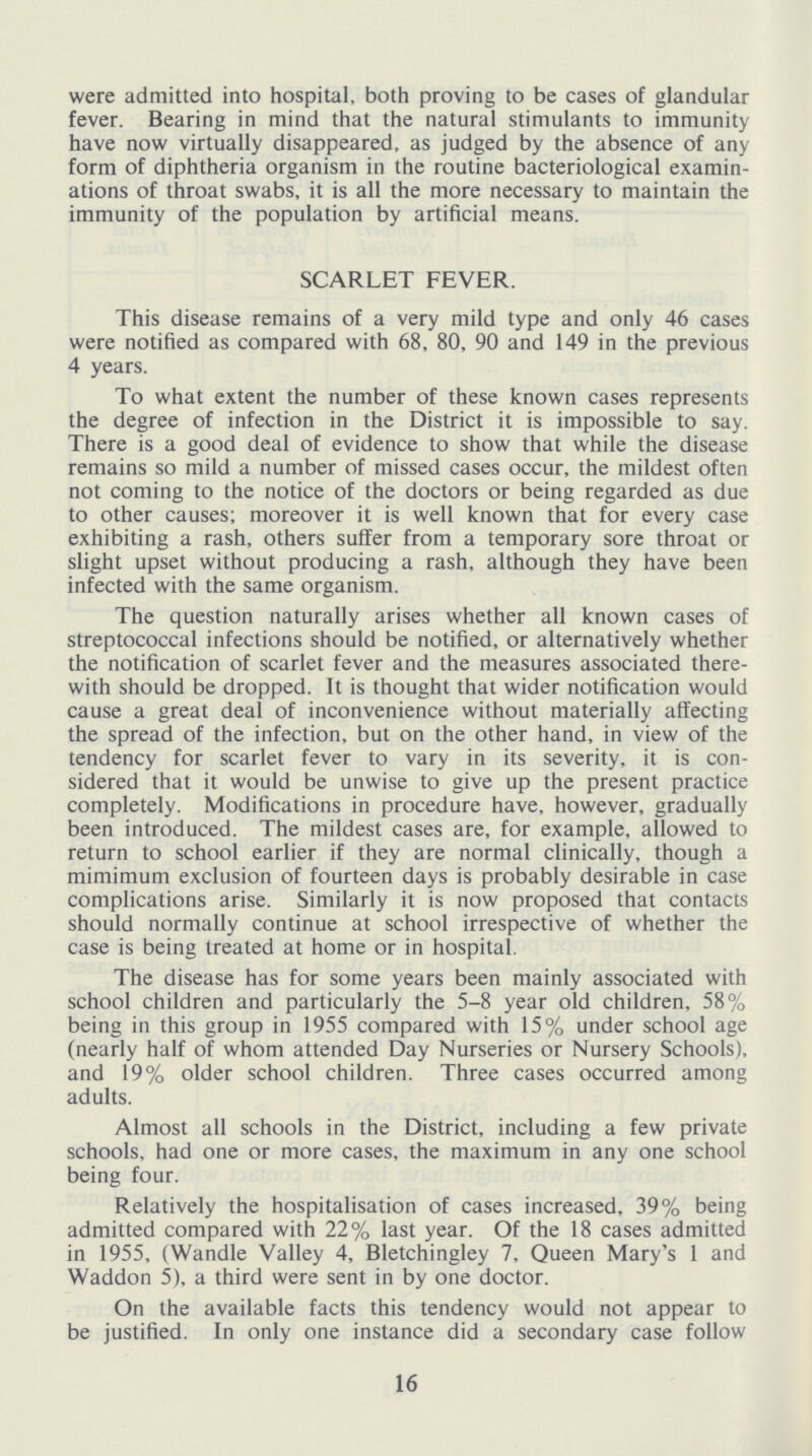 were admitted into hospital, both proving to be cases of glandular fever. Bearing in mind that the natural stimulants to immunity have now virtually disappeared, as judged by the absence of any form of diphtheria organism in the routine bacteriological examin ations of throat swabs, it is all the more necessary to maintain the immunity of the population by artificial means. SCARLET FEVER. This disease remains of a very mild type and only 46 cases were notified as compared with 68, 80, 90 and 149 in the previous 4 years. To what extent the number of these known cases represents the degree of infection in the District it is impossible to say. There is a good deal of evidence to show that while the disease remains so mild a number of missed cases occur, the mildest often not coming to the notice of the doctors or being regarded as due to other causes; moreover it is well known that for every case exhibiting a rash, others suffer from a temporary sore throat or slight upset without producing a rash, although they have been infected with the same organism. The question naturally arises whether all known cases of streptococcal infections should be notified, or alternatively whether the notification of scarlet fever and the measures associated there with should be dropped. It is thought that wider notification would cause a great deal of inconvenience without materially affecting the spread of the infection, but on the other hand, in view of the tendency for scarlet fever to vary in its severity, it is con sidered that it would be unwise to give up the present practice completely. Modifications in procedure have, however, gradually been introduced. The mildest cases are, for example, allowed to return to school earlier if they are normal clinically, though a mimimum exclusion of fourteen days is probably desirable in case complications arise. Similarly it is now proposed that contacts should normally continue at school irrespective of whether the case is being treated at home or in hospital. The disease has for some years been mainly associated with school children and particularly the 5-8 year old children, 58% being in this group in 1955 compared with 15% under school age (nearly half of whom attended Day Nurseries or Nursery Schools), and 19% older school children. Three cases occurred among adults. Almost all schools in the District, including a few private schools, had one or more cases, the maximum in any one school being four. Relatively the hospitalisation of cases increased, 39% being admitted compared with 22% last year. Of the 18 cases admitted in 1955, (Wandle Valley 4, Bletchingley 7, Queen Mary's 1 and Waddon 5), a third were sent in by one doctor. On the available facts this tendency would not appear to be justified. In only one instance did a secondary case follow 16