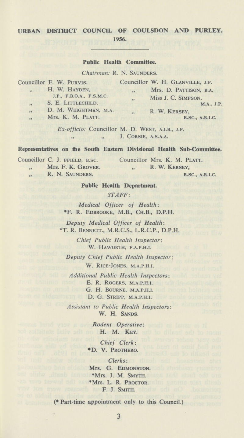 URBAN DISTRICT COUNCIL OF COULSDON AND PURLEY. 1956. Public Health Committee. Chairman: R N. Saunders. Councillor F. W. Purvis. Councillor W. H. Glanville, j.p. „ H. W. Hayden, „ Mrs. D. Pattison, b.a. j.p., f.b.o.a., f.s.m.c. „ Miss J. C. Simpson. „ S. E. Littlechild. m.a., j.p. „ D. M. Weightman. m.a. „ r.W. Kersey, „ Mrs. K. M. Platt. b.sc., a.r.i.c. Ex-officio: Councillor M. D. West, a.i.b., j.p. „ „ J. Corsie, a.s.a.a. Representatives on the South Eastern Divisional Health Sub-Committee. Councillor C. J. ffield, b.sc. Councillor Mrs. K. M. Platt. „ Mrs. F. K. Grover. „ R. W. Kersey, „ R. N. Saunders. b.sc., a.r.i.c. Public Health Department. STAFF: Medical Officer of Health: *F. R. Edbrooke, M.B., Ch.B., D.P.H. Deputy Medical Officer of Health: *T. R. Bennett., M.R.C.S., L.R.C.P., D.P.H. Chief Public Health Inspector: W. Haworth, f.a.p.h.i. Deputy Chief Public Health Inspector: W. Rice-Jones, m.a.p.h.i. Additional Public Health Inspectors: E. R. Rogers, m.a.p.h.i. G. H. Bourne, m.a.p.h.i. D. G. Stripp, m.a.p.h.i. Assistant to Public Health Inspectors: W. H. Sands. Rodent Operative: H. M. Key. Chief Clerk: *D. V. Prothero. Clerks: Mrs. G. Edmonston. *Mrs. J. M. Smyth. *Mrs. L. R. Proctor. F. J. Smith. (* Part-time appointment only to this Council.) 3