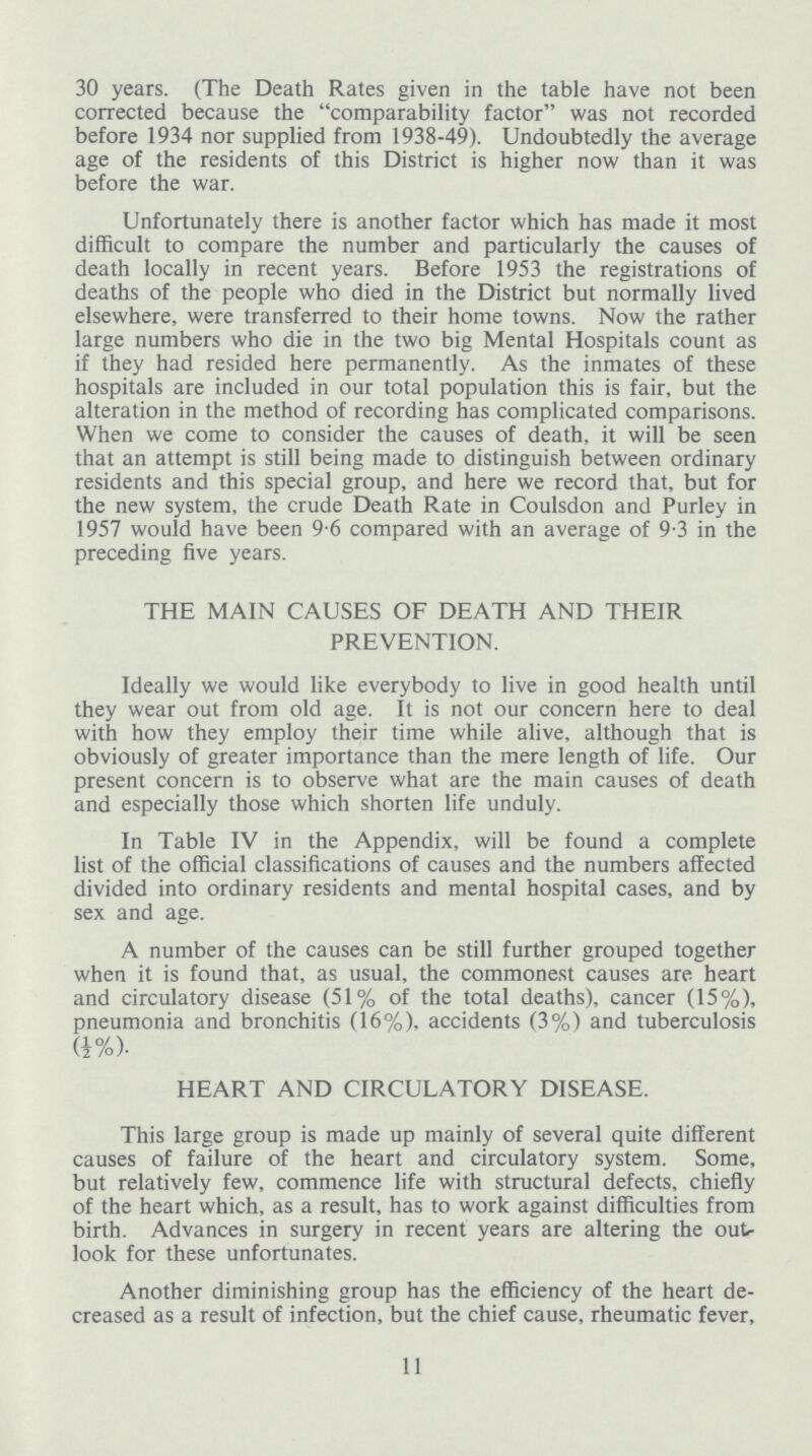 30 years. (The Death Rates given in the table have not been corrected because the comparability factor was not recorded before 1934 nor supplied from 1938-49). Undoubtedly the average age of the residents of this District is higher now than it was before the war. Unfortunately there is another factor which has made it most difficult to compare the number and particularly the causes of death locally in recent years. Before 1953 the registrations of deaths of the people who died in the District but normally lived elsewhere, were transferred to their home towns. Now the rather large numbers who die in the two big Mental Hospitals count as if they had resided here permanently. As the inmates of these hospitals are included in our total population this is fair, but the alteration in the method of recording has complicated comparisons. When we come to consider the causes of death, it will be seen that an attempt is still being made to distinguish between ordinary residents and this special group, and here we record that, but for the new system, the crude Death Rate in Coulsdon and Purley in 1957 would have been 9.6 compared with an average of 9.3 in the preceding five years. THE MAIN CAUSES OF DEATH AND THEIR PREVENTION. Ideally we would like everybody to live in good health until they wear out from old age. It is not our concern here to deal with how they employ their time while alive, although that is obviously of greater importance than the mere length of life. Our present concern is to observe what are the main causes of death and especially those which shorten life unduly. In Table IV in the Appendix, will be found a complete list of the official classifications of causes and the numbers affected divided into ordinary residents and mental hospital cases, and by sex and age. A number of the causes can be still further grouped together when it is found that, as usual, the commonest causes are heart and circulatory disease (51% of the total deaths), cancer (15%), pneumonia and bronchitis (16%), accidents (3%) and tuberculosis (½%) HEART AND CIRCULATORY DISEASE. This large group is made up mainly of several quite different causes of failure of the heart and circulatory system. Some, but relatively few, commence life with structural defects, chiefly of the heart which, as a result, has to work against difficulties from birth. Advances in surgery in recent years are altering the out look for these unfortunates. Another diminishing group has the efficiency of the heart de creased as a result of infection, but the chief cause, rheumatic fever, 11