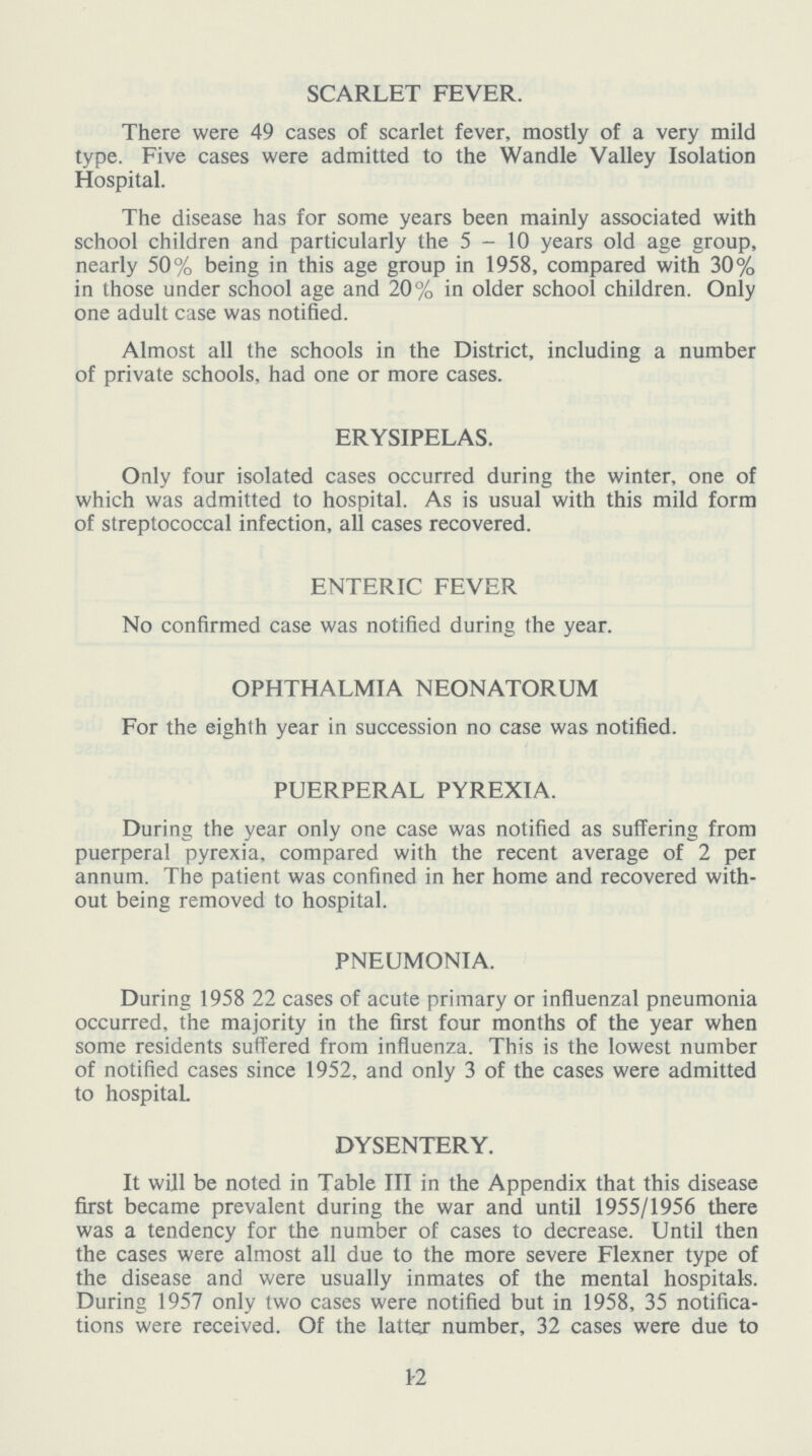 SCARLET FEVER. There were 49 cases of scarlet fever, mostly of a very mild type. Five cases were admitted to the Wandle Valley Isolation Hospital. The disease has for some years been mainly associated with school children and particularly the 5-10 years old age group, nearly 50% being in this age group in 1958, compared with 30% in those under school age and 20% in older school children. Only one adult case was notified. Almost all the schools in the District, including a number of private schools, had one or more cases. ERYSIPELAS. Only four isolated cases occurred during the winter, one of which was admitted to hospital. As is usual with this mild form of streptococcal infection, all cases recovered. ENTERIC FEVER No confirmed case was notified during the year. OPHTHALMIA NEONATORUM For the eighth year in succession no case was notified. PUERPERAL PYREXIA. During the year only one case was notified as suffering from puerperal pyrexia, compared with the recent average of 2 per annum. The patient was confined in her home and recovered with out being removed to hospital. PNEUMONIA. During 1958 22 cases of acute primary or influenzal pneumonia occurred, the majority in the first four months of the year when some residents suffered from influenza. This is the lowest number of notified cases since 1952, and only 3 of the cases were admitted to hospital DYSENTERY. It will be noted in Table III in the Appendix that this disease first became prevalent during the war and until 1955/1956 there was a tendency for the number of cases to decrease. Until then the cases were almost all due to the more severe Flexner type of the disease and were usually inmates of the mental hospitals. During 1957 only two cases were notified but in 1958, 35 notifica tions were received. Of the latter number, 32 cases were due to 12