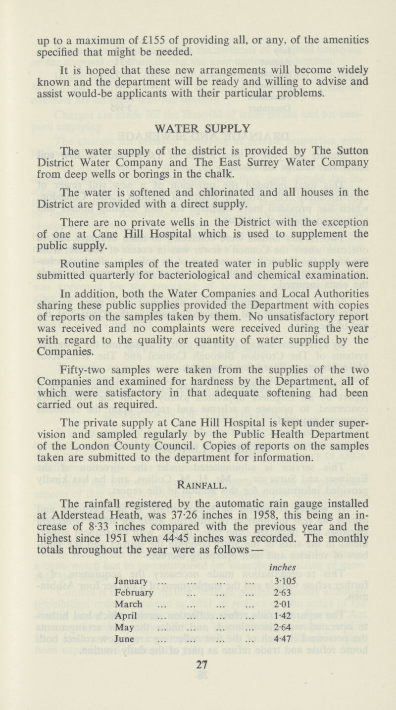 up to a maximum of £155 of providing all, or any, of the amenities specified that might be needed. It is hoped that these new arrangements will become widely known and the department will be ready and willing to advise and assist would-be applicants with their particular problems. WATER SUPPLY The water supply of the district is provided by The Sutton District Water Company and The East Surrey Water Company from deep wells or borings in the chalk. The water is softened and chlorinated and all houses in the District are provided with a direct supply. There are no private wells in the District with the exception of one at Cane Hill Hospital which is used to supplement the public supply. Routine samples of the treated water in public supply were submitted quarterly for bacteriological and chemical examination. In addition, both the Water Companies and Local Authorities sharing these public supplies provided the Department with copies of reports on the samples taken by them. No unsatisfactory report was received and no complaints were received during the year with regard to the quality or quantity of water supplied by the Companies. Fifty-two samples were taken from the supplies of the two Companies and examined for hardness by the Department, all of which were satisfactory in that adequate softening had been carried out as required. The private supply at Cane Hill Hospital is kept under super vision and sampled regularly by the Public Health Department of the London County Council. Copies of reports on the samples taken are submitted to the department for information. Rainfall. The rainfall registered by the automatic rain gauge installed at Alderstead Heath, was 37-26 inches in 1958, this being an in crease of 8-33 inches compared with the previous year and the highest since 1951 when 44-45 inches was recorded. The monthly totals throughout the year were as follows— inches January ... 3.105 February ... 2.63 March ... 2.01 April ... 1.42 May ... 2.64 June ... 4.47 27