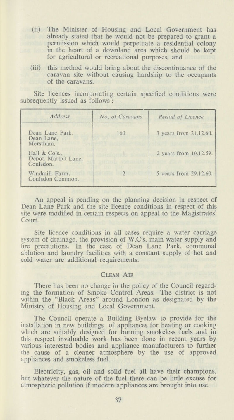 (ii) The Minister of Housing and Local Government has already stated that he would not be prepared to grant a permission which would perpetuate a residential colony in the heart of a downland area which should be kept for agricultural or recreational purposes, and (iii) this method would bring about the discontinuance of the caravan site without causing hardship to the occupants of the caravans. Site licences incorporating certain specified conditions were subsequently issued as follows :— A ddress No. of Caravans Period of Licence Dean Lane Park, Dean Lane, Merstham. 160 3 years from 21.12.60. Hall & Co's., Depot, Marlpit Lane, Coulsdon. 1 2 years from 10.12.59. Windmill Farm, Coulsdon Common. 2 5 years from 29.12.60. An appeal is pending on the planning decision in respect of Dean Lane Park and the site licence conditions in respect of this site were modified in certain respects on appeal to the Magistrates' Court. Site licence conditions in all cases require a water carriage system of drainage, the provision of W.C's, main water supply and fire precautions. In the case of Dean Lane Park, communal ablution and laundry facilities with a constant supply of hot and cold water are additional requirements. Clean Air There has been no change in the policy of the Council regard ing the formation of Smoke Control Areas. The district is not within the Black Areas around London as designated by the Ministry of Housing and Local Government. The Council operate a Building Byelaw to provide for the installation in new buildings of appliances for heating or cooking which are suitably designed for burning smokeless fuels and in this respect invaluable work has been done in recent years by various interested bodies and appliance manufacturers to further the cause of a cleaner atmosphere by the use of approved appliances and smokeless fuel. Electricity, gas, oil and solid fuel all have their champions, but whatever the nature of the fuel there can be little excuse for atmospheric pollution if modern appliances are brought into use. 37