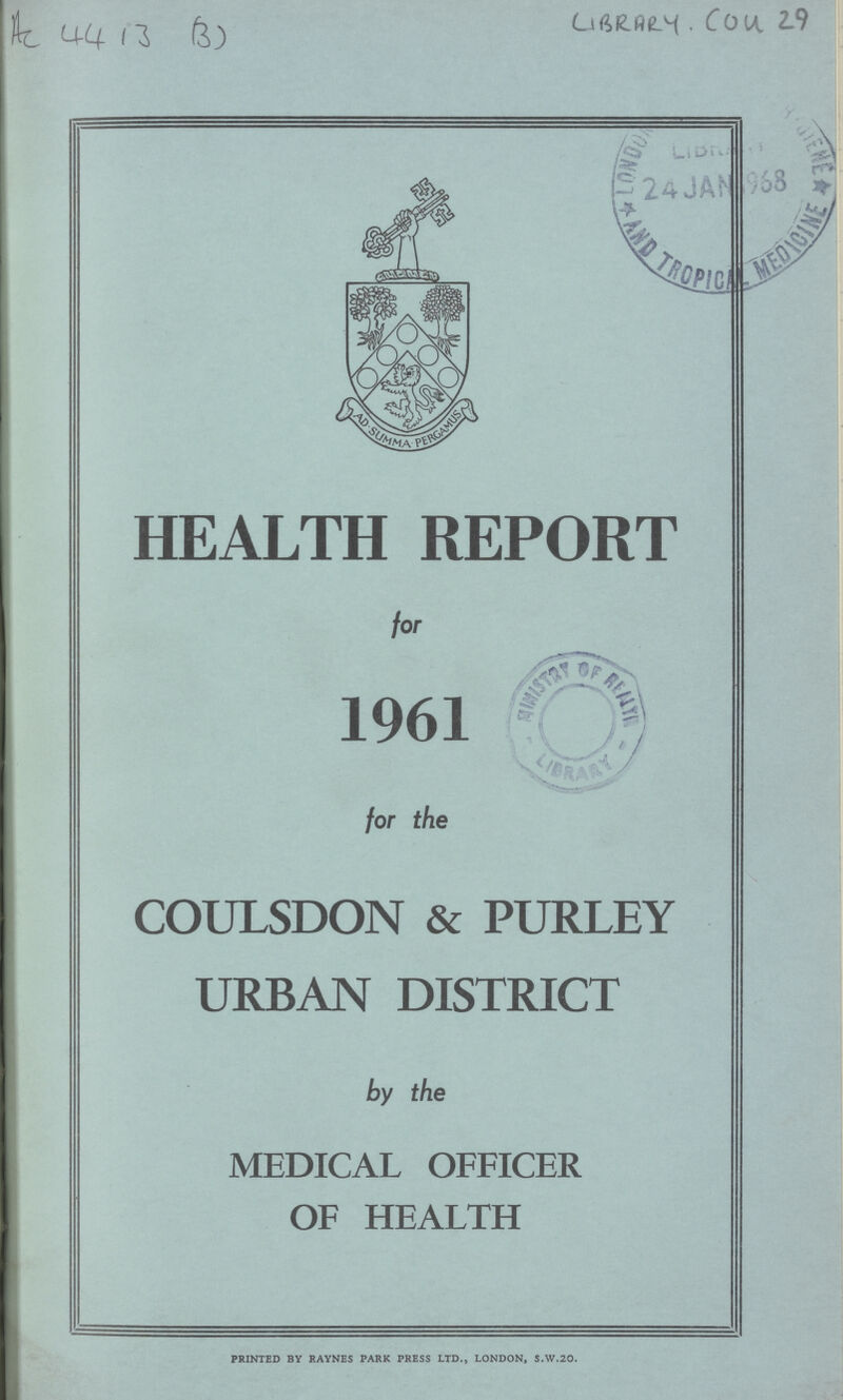 AC 4413 (3) LIBRARY. CON 29 HEALTH REPORT for 1961 for the COULSDON & PURLEY URBAN DISTRICT by the MEDICAL OFFICER OF HEALTH PRINTED BY RAYNES PARK PRESS LTD., LONDON, S.W.20.