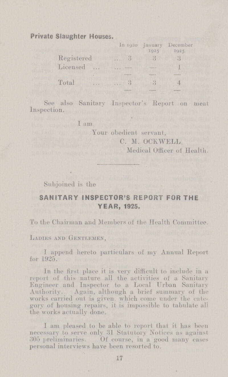 Private Slaughter Houses. In 1920 January 1925 December 1925 Registered 3 3 3 Licensed — — 1 Total 3 0 4 See also Sanitary Inspector's Report on meat Inspection. I am Your obedient servant, C. M. OCXWELL Medical Officer of Health. Subjoined is the SANITARY INSPECTOR'S REPORT FOR THE YEAR, 1925. To the Chairman and Members of the Health Committee. Ladies and Gentlemen, I append hereto particulars of my Annual Report for 1925. In the first place it is very difficult to include in a report of this nature all the activities of a Sanitary Engineer and Inspector to a Local Urban Sanitary Authority. Again, although a brief summary of the works carried out is given, which come under the cate gory of housing repairs, it is impossible to tabulate all the works actually done. I am pleased to be able to report that it has been necessary to serve only 31 Statutory Notices as against 305 preliminaries. Of course, in a good many cases personal interviews have been resorted to. 17
