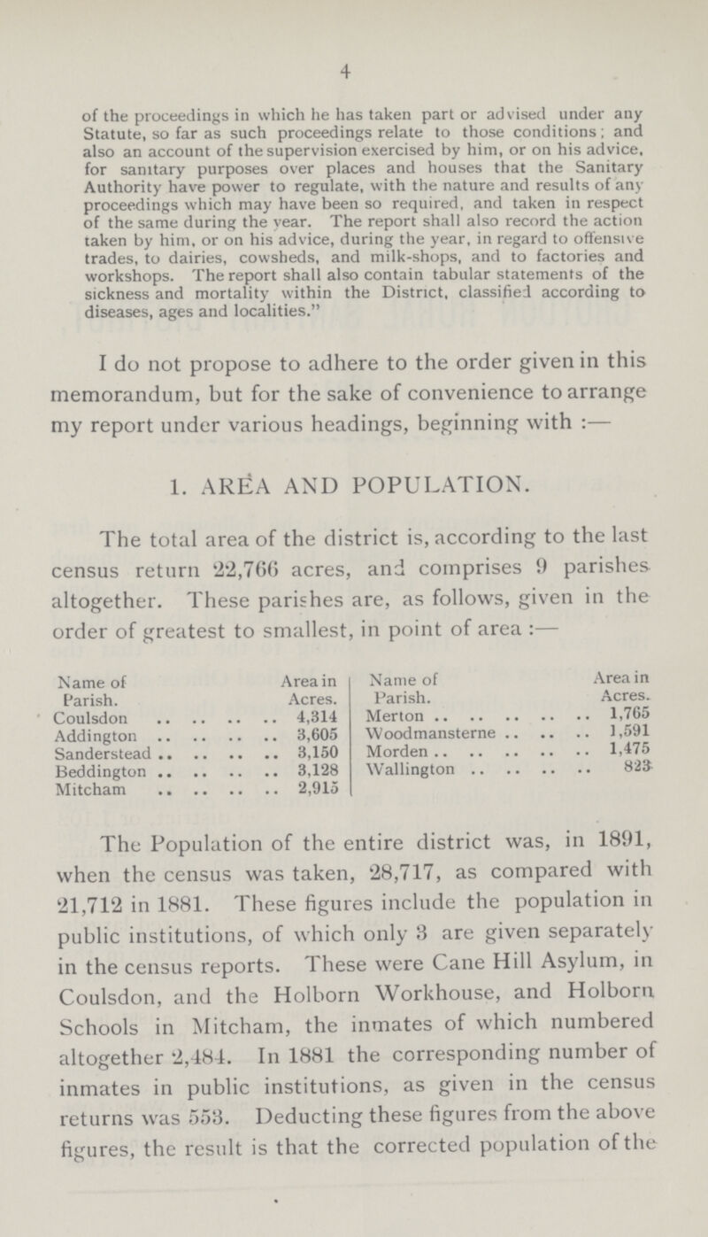 4 of the proceedings in which he has taken part or advised under any Statute, so far as such proceedings relate to those conditions; and also an account of the supervision exercised by him, or on his advice, for sanitary purposes over places and houses that the Sanitary Authority have power to regulate, with the nature and results of any proceedings which may have been so required, and taken in respect of the same during the year. The report shall also record the action taken by him, or on his advice, during the year, in regard to offensive trades, to dairies, cowsheds, and milk-shops, and to factories and workshops. The report shall also contain tabular statements of the sickness and mortality within the District, classified according to diseases, ages and localities.” I do not propose to adhere to the order given in this memorandum, but for the sake of convenience to arrange my report under various headings, beginning with:— 1. AREA AND POPULATION. The total area of the district is, according to the last census return 22,766 acres, and comprises 9 parishes altogether. These parishes are, as follows, given in the order of greatest to smallest, in point of area:— Name of Area in Name of Area in Parish. Acres. Parish Acres. Coulsdon 4,314 Merton 1,765 Addington 3,605 Woodmansterne 1,591 Sanderstead 3,150 Morden 1,475 Beddington 3,128 Wallington 823 Mitcham 2,915 The Population of the entire district was, in 1891, when the census was taken, 28,717, as compared with '21,712 in 1881. These figures include the population in public institutions, of which only 3 are given separately in the census reports. These were Cane Hill Asylum, in Coulsdon, and the Holborn Workhouse, and Holborn Schools in Mitcham, the inmates of which numbered altogether 2,484. In 1881 the corresponding number of inmates in public institutions, as given in the census returns was 553. Deducting these figures from the above figures, the result is that the corrected population of the