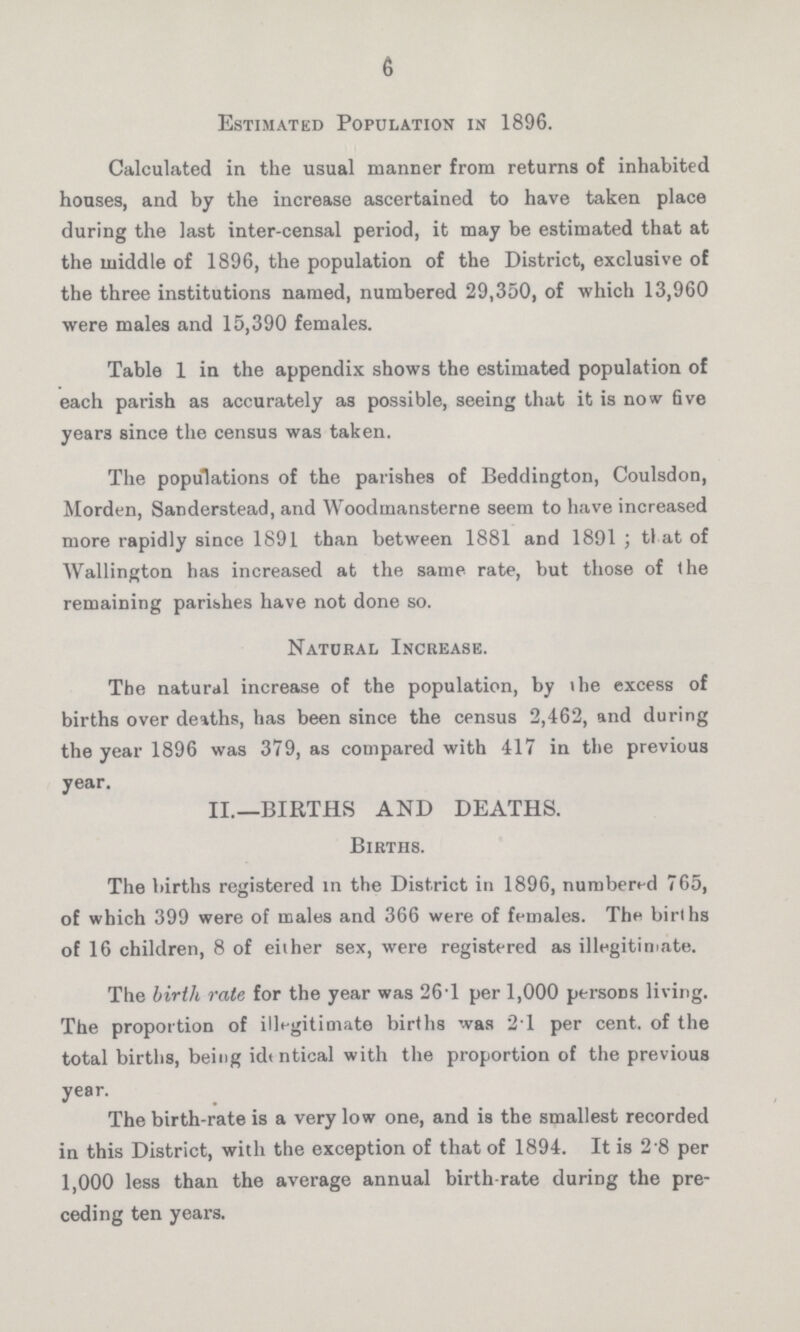 6 Estimated Population in 1896. Calculated in the usual manner from returns of inhabited houses, and by the increase ascertained to have taken place during the last inter-censal period, it may be estimated that at the middle of 1896, the population of the District, exclusive of the three institutions named, numbered 29,350, of which 13,960 were males and 15,390 females. Table 1 in the appendix shows the estimated population of each parish as accurately as possible, seeing that it is now five years since the census was taken. The populations of the parishes of Beddington, Coulsdon, Morden, Sanderstead, and Woodmansterne seem to have increased more rapidly since 1891 than between 1881 and 1891; that of Wallington has increased at the same rate, but those of the remaining parishes have not done so. Natural Increase. The natural increase of the population, by the excess of births over deaths, has been since the census 2,462, and during the year 1896 was 379, as compared with 417 in the previous year. II.—BIRTHS AND DEATHS. Births. The births registered in the District in 1896, numbered 765, of which 399 were of males and 366 were of females. The births of 16 children, 8 of either sex, were registered as illegitimate. The birth rate for the year was 26.1 per 1,000 persons living. The proportion of illegitimate births was 2.1 per cent. of the total births, being identical with the proportion of the previous year. The birth-rate is a very low one, and is the smallest recorded in this District, with the exception of that of 1894. It is 2.8 per 1,000 less than the average annual birth-rate during the pre ceding ten years.