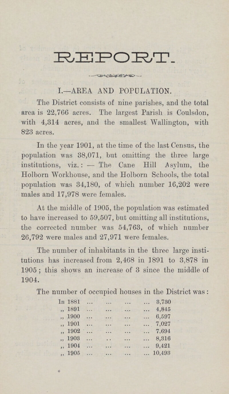REPORT. I.—AREA AND POPOLATION. The District consists of nine parishes, and the total area is 22,766 acres. The largest Parish is Coulsdon, with 4,314 acres, and the smallest Wallington, with 823 acres. In the year 1901, at the time of the last Census, the population was 38,071, but omitting the three large institutions, viz.:— The Cane Hill Asylum, the Holborn Workhouse, and the Holborn Schools, the total population was 34,180, of which number 16,202 were males and 17,978 were females. At the middle of 1905, the population was estimated to have increased to 59,507, but omitting all institutions, the corrected number was 54,763, of which number 26,792 were males and 27,971 were females. The number of inhabitants in the three large insti tutions has increased from 2,468 in 1891 to 3,878 in 1905 ; this shows an increase of 3 since the middle of 1904. The number of occupied houses in the District was : In 1881 3,730 ,, 1891 4,845 „ 1900 6,597 „ 1901 7,027 „ 1902 7,694 „ 1903 8,316 ,, 1904 9,421 ,, 1905 10,493