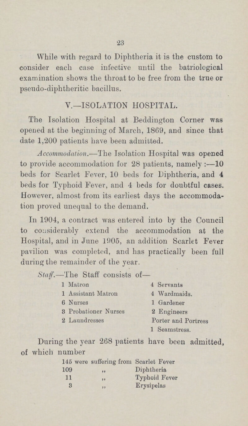 23 While with regard to Diphtheria it is the custom to consider each case infective until the batriological examination shows the throat to be free from the true or pseudo-diphtheritic bacillus. The Isolation Hospital at Beddington Corner was opened at the beginning of March, 1869, and since that date 1,200 patients have been admitted. Accommodation.—The Isolation Hospital was opened to provide accommodation for 28 patients, namely :—10 beds for Scarlet Fever, 10 beds for Diphtheria, and 4 beds for Typhoid Fever, and 4 beds for doubtful cases. However, almost from its earliest days the accommoda tion proved unequal to the demand. In 1904, a contract was entered into by the Council to considerably extend the accommodation at the Hospital, and in June 1905, an addition Scarlet Fever pavilion was completed, and has practically been full during the remainder of the year. Staff.—The Staff consists of— During the year 268 patients have been admitted, of which number V.— ISOLATION HOSPITAL. 1 Matron 4 Servants 1 Assistant Matron 4 Wardmaids. 6 Nurses 1 Gardener 3 Probationer Nurses 2 Engineers 2 Laundresses Porter and Portress 1 Seamstress. 145 were suffering from Scarlet Fever 109 ,, Diphtheria 11 „ Typhoid Fever 3 ,, Erysipelas