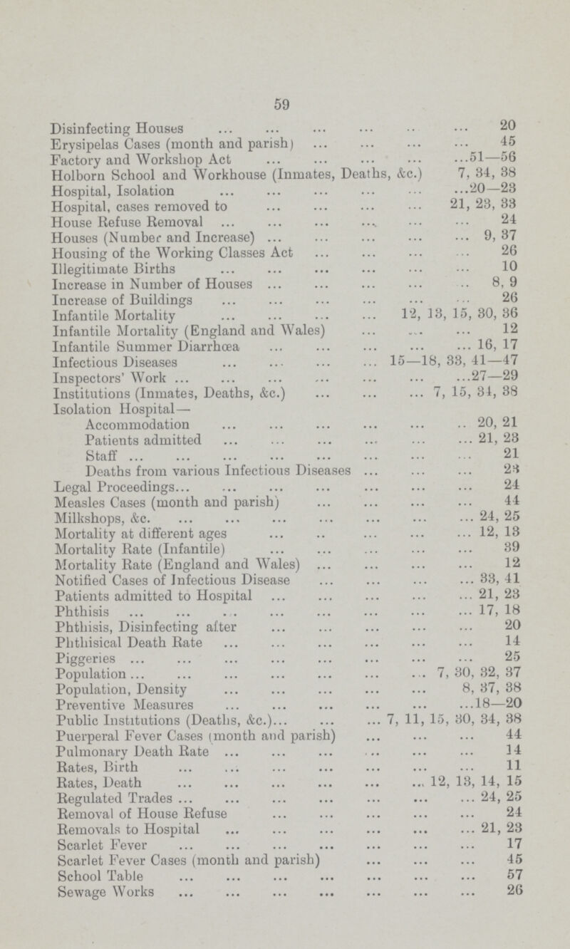 59 Disinfecting Houses 20 Erysipelas Cases (month and parish) 45 Factory and Workshop Act 51—56 Holborn School and Workhouse (Inmates, Deaths, &c.) 7, 34, 38 Hospital, Isolation 20—23 Hospital, cases removed to 21,23,33 House Refuse Removal . 21 Houses (Number and Increase) 9,37 Housing of the Working Classes Act 26 Illegitimate Births 10 Increase in Number of Houses 8,9 Increase of Buildings 26 Infantile Mortality 12, 13, 15, 30, 36 Infantile Mortality (England and Wales) 12 Infantile Summer Diarrhoea 16, 17 Infectious Diseases 15—18,33,41—47 Inspectors' Work 27—29 Institutions (Inmates, Deaths, &c.) 7, 15, 34, 38 Isolation Hospital— Accommodation 20, 21 Patients admitted 21,23 Staff 21 Deaths from various Infectious Diseases 23 Legal Proceedings 24 Measles Cases (month and parish) 44 Milkshops, &c. 24, 25 Mortality at different ages 12,13 Mortality Rate (Infantile) 39 Mortality Rate (England and Wales) 12 Notified Cases of Infectious Disease 33, 41 Patients admitted to Hospital 21, 23 Phthisis . . 17, 18 Phthisis, Disinfecting after 20 Phthisical Death Rate 14 Piggeries 25 Population 7,30,32,37 Population, Density 8, 37, 38 Preventive Measures 18—20 Public Institutions (Deaths, &c.) 7, 11, 15, 30, 34, 38 Puerperal Fever Cases (month and parish) 44 Pulmonary Death Rate 14 Rates, Birth 11 Rates, Death 12, 13, 14, 15 Regulated Trades 24, 25 Removal of House Refuse 24 Removals to Hospital 21, 23 Scarlet Fever 17 Scarlet Fever Cases (month and parish) 45 School Table 57 Sewage Works 26