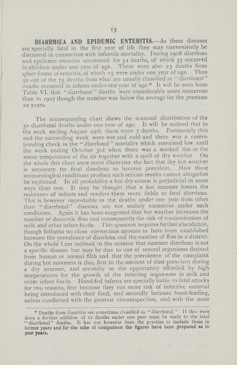 13 DIARRHŒA AND EPIDEMIC ENTERITIS.—As these diseases are specially fatal in the first year of life they may conveniently be discussed in connection with infantile mortality. During 1908 diarrhoea and epidemic enteritis accounted for 52 deaths, of which 35 occurred in children under one year of age. There were also 23 deaths from other forms of enteritis, of which 15 were under one year of age. Thus 50 out of the 75 deaths from what are usually classified as diarrhœal deaths occurred in infants under one year of age.* It will be seen from Table VI. that diarrhœal deaths were considerably more numerous than in 1907 though the number was below the average for the previous 10 years. The accompanying chart shews the seasonal distribution of the 50 diarrhœal deaths under one year of age. It will be noticed that in the week ending August 29th there were 7 deaths. Fortunately this and the succeeding week were wet and cold and there was a corres ponding check in the diarrhœal mortality which remained low until the week ending October 3rd when there was a marked rise in the mean temperature of the air together with a spell of dry weather On the whole this chart once more illustrates the fact that dry hot weather is necessary for fatal diarrhoea to become prevalent. How these meteorological conditions produce such serious results cannot altogether be explained. In all probability a hot dry season is prejudicial in more ways than one. It may be thought that a hot summer lowers the resistance of infants and renders them more liable to fatal diarrhœa. This is however improbable as the deaths under one year from other than diarrhœal diseases are not unduly numerous under such conditions. Again it has been suggested that hot weather increases the number of domestic flies and consequently the risk of contamination of milk and other infant foods. This question requires further elucidation, though hitherto no close connection appears to have been established between the prevalence of diarrhoea and the number of flies in a district. On the whole I am inclined to the opinion that summer diarrhœa is not a specific disease but may be due to one of several organisms derived from human or animal filth and that the prevalence of the complaint during hot summers is due, first to the amount of dust prevalent during a dry summer, and secondly to the opportunity afforded by high temperatures for the growth of the infecting organisms in milk and other infant foods. Hand-fed infants are specially liable to fatal attacks for two reasons, first because they run more risk of infective material being introduced with their food, and secondly because hand-feeding, unless conducted with the greatest circumspection, and with the most *Deaths from Gastritis are sometimes classified as diarrhœal. if this were done a further addition of 12 deaths under one year must be made to the total diarrhœal deaths. it has not however been the practice to include these in former years and for the sake of comparison the figures have been prepared as in past years.