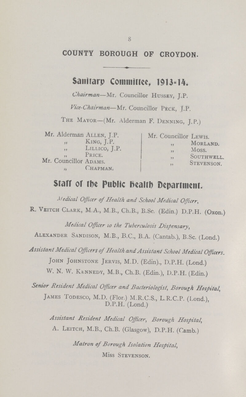 8 COUNTY BOROUGH OF CROYDON. Sanirarp Committee, 1913=14. Chairman—Mr. Councillor Hussey, J.P. Vice-Chairman—Mr. Councillor Peck, J.P. The Mayor—(Mr. Alderman F. Denning, J.P.) Mr. Alderman Allen, J.P. King, J.P. „ Lillico, J.P. „ Price. Mr. Councillor Adams. „ Chapman, Mr. Councillor Lewis. „ Morland. „ Moss. „ Southwell. ,, Stevenson. Staff or tlx public ftealtb Department. Medical Officer of Health and School Medical Officer, R. Veitch Clark, M.A., M B., Ch.B., B.Sc. (Edin.) D.P.H. (Oxon.) Medical Officer 10 the Tuberculosis Dispensary, Alexander Sandison, M.B., B.C., B.A. (Cantab.), B.Sc. (Lond.) Assistant Medical Officers of Health and Assistant School Medical Officers. John Johnstone Jervis, M.D. (Edin)., D.P.H. (Lond.) W. N. W. Kennedy, M.B., Ch.B. (Edin.), D.P.H. (Edin.) Senior Resident Medical Officer and Bacteriologist, Borough Hospital, James Todesco, M.D. (Flor.) M.R.C.S., L.R.C.P. (Lond.), D.P.H. (Lond.) Assistant Resident Medical Officer, Borough Hospital, A. Leitch, M.B., Ch.B. (Glasgow), D.P.H. (Camb.) Matron of Borough Isolation Hospital, Miss Stevenson.