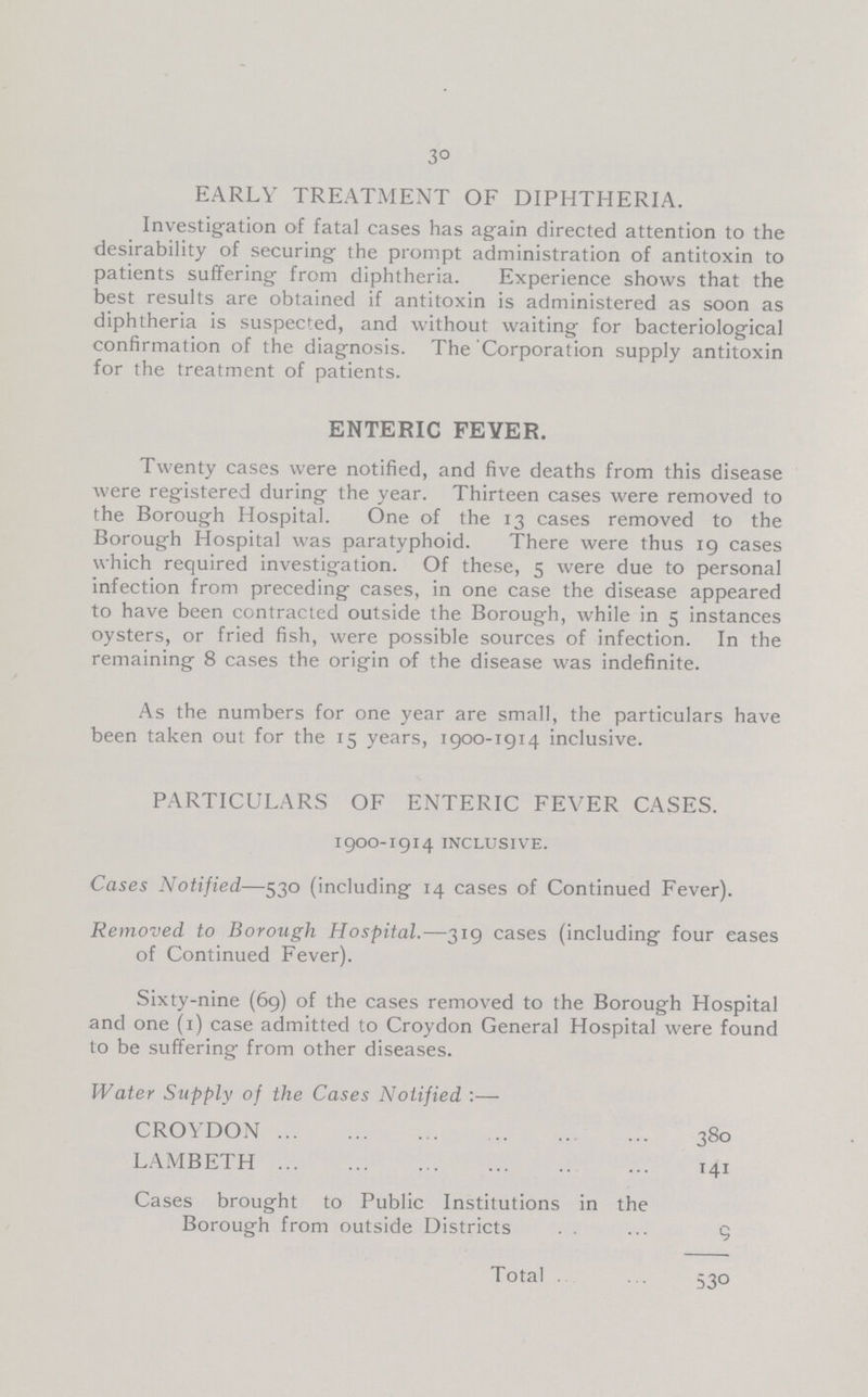 30 EARLY TREATMENT OF DIPHTHERIA. Investigation of fatal cases has again directed attention to the desirability of securing the prompt administration of antitoxin to patients suffering from diphtheria. Experience shows that the best results are obtained if antitoxin is administered as soon as diphtheria is suspected, and without waiting for bacteriological confirmation of the diagnosis. The Corporation supply antitoxin for the treatment of patients. ENTERIC FEVER. Twenty cases were notified, and five deaths from this disease were registered during the year. Thirteen cases were removed to the Borough Hospital. One of the 13 cases removed to the Borough Hospital was paratyphoid. There were thus 19 cases which required investigation. Of these, 5 were due to personal infection from preceding cases, in one case the disease appeared to have been contracted outside the Borough, while in 5 instances oysters, or fried fish, were possible sources of infection. In the remaining 8 cases the origin of the disease was indefinite. As the numbers for one year are small, the particulars have been taken out for the 15 years, 1900-1914 inclusive. PARTICULARS OF ENTERIC FEVER CASES. 1900-1914 inclusive. Cases Notified—530 (including 14 cases of Continued Fever). Removed to Borough Hospital.—319 cases (including four eases of Continued Fever). Sixty-nine (69) of the cases removed to the Borough Hospital and one (1) case admitted to Croydon General Hospital were found to be suffering from other diseases. Water Supply of the Cases Notified:- CROYDON 380 LAMBETH 141 Cases brought to Public Institutions in the Borough from outside Districts 9 Total 530