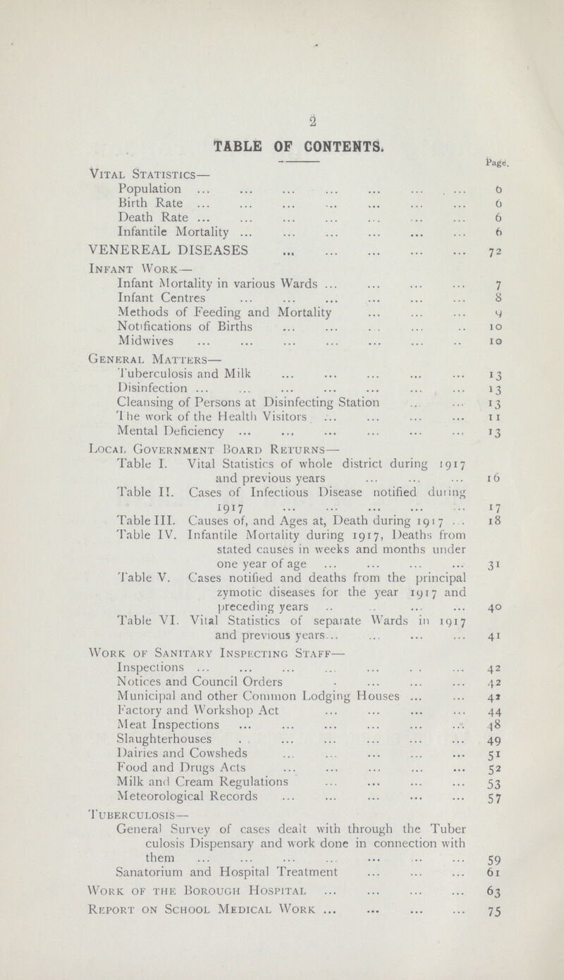 2 TABLE OF CONTENTS. Page. Vital Statistics— Population 6 Birth Rate 6 Death Rate 6 Infantile Mortality 6 VENEREAL DISEASES 72 Infant Work— Infant Mortality in various Wards 7 Infant Centres 8 Methods of Feeding and Mortality 4 Notifications of Births 10 Midwives 10 General Matters— Tuberculosis and Milk 13 Disinfection 13 Cleansing of Persons at Disinfecting Station 13 The work of the Health Visitors 11 Mental Deficiency 13 Local Government Board Returns— Table I. Vital Statistics of whole district during 1917 and previous years 16 Table II. Cases of Infectious Disease notified during 1917 17 Table III. Causes of, and Ages at, Death during 1917 18 Table IV. Infantile Mortality during 1917, Deaths from stated causes in weeks and months under one year of age 31 Table V. Cases notified and deaths from the principal zymotic diseases for the year 1917 and preceding years 40 Table VI. Vital Statistics of separate Wards in 1917 and previous years 41 Work of Sanitary Inspecting Staff— Inspections 42 Notices and Council Orders 42 Municipal and other Common Lodging Houses 42 Factory and Workshop Act 44 Meat Inspections 48 Slaughterhouses 49 Dairies and Cowsheds 51 Food and Drugs Acts 52 Milk and Cream Regulations 53 Meteorological Records 57 Tuberculosis— General Survey of cases dealt with through the Tuber culosis Dispensary and work done in connection with them 59 Sanatorium and Hospital Treatment 61 Work of the Borough Hospital 63 Report on School Medical Work 75