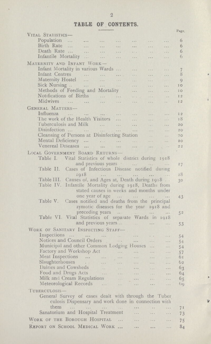 2 TABLE OF CONTENTS. Page. Vital Statistics— Population 6 Birth Rate 6 Death Rate 6 Infantile Mortality 6 Maternity and Infant Work — Infant Mortality in various Wards 7 Infant Centres 8 Maternity Hostel 9 Sick Nursing 10 Methods of Feeding and Mortality 10 Notifications of Births 12 Midwives 12 General Matters— Influenza 12 The work of the Health Yisitors 18 Tuberculosis and Milk 20 Disinfection 20 Cleansing of Persons at Disinfecting Station 20 Mental Deficiency 20 Venereal Diseases 22 Local Government Board Returns— Table I. Vital Statistics of whole district during 1918 and previous years 27 Table II. Cases of Infectious Disease notified during 1918 28 Table III. Causes of, and Ages at, Death during 1918 30 Table IV. Infantile Mortality during 1918, Death from stated causes in weeks and months under one year of age 43 Table V. Cases notified and deaths from the principal zymotic diseases for the year 1918 and preceding years 52 Table VI. Vital Statistics of separate Wards in 1918 and previous years 53 Work of Sanitary Inspecting Staff— Inspections 54 Notices and Council Orders 54 Municipal and other Common Lodging Houses 54 Factory and Workshop Act 57 Meat Inspections 61 Slaughterhouses 62 Dairies and Cowsheds 63 Food and Drugs Acts 64 Milk and Cream Regulations 65 Meteorological Records 69 Tuberculosis— General Survey of cases dealt with through the Tuber culosis Dispensary and work done in connection with them 71 Sanatorium and Hospital Treatment 73 Work of the Borough Hospital 75 Report on School Medical Work 84