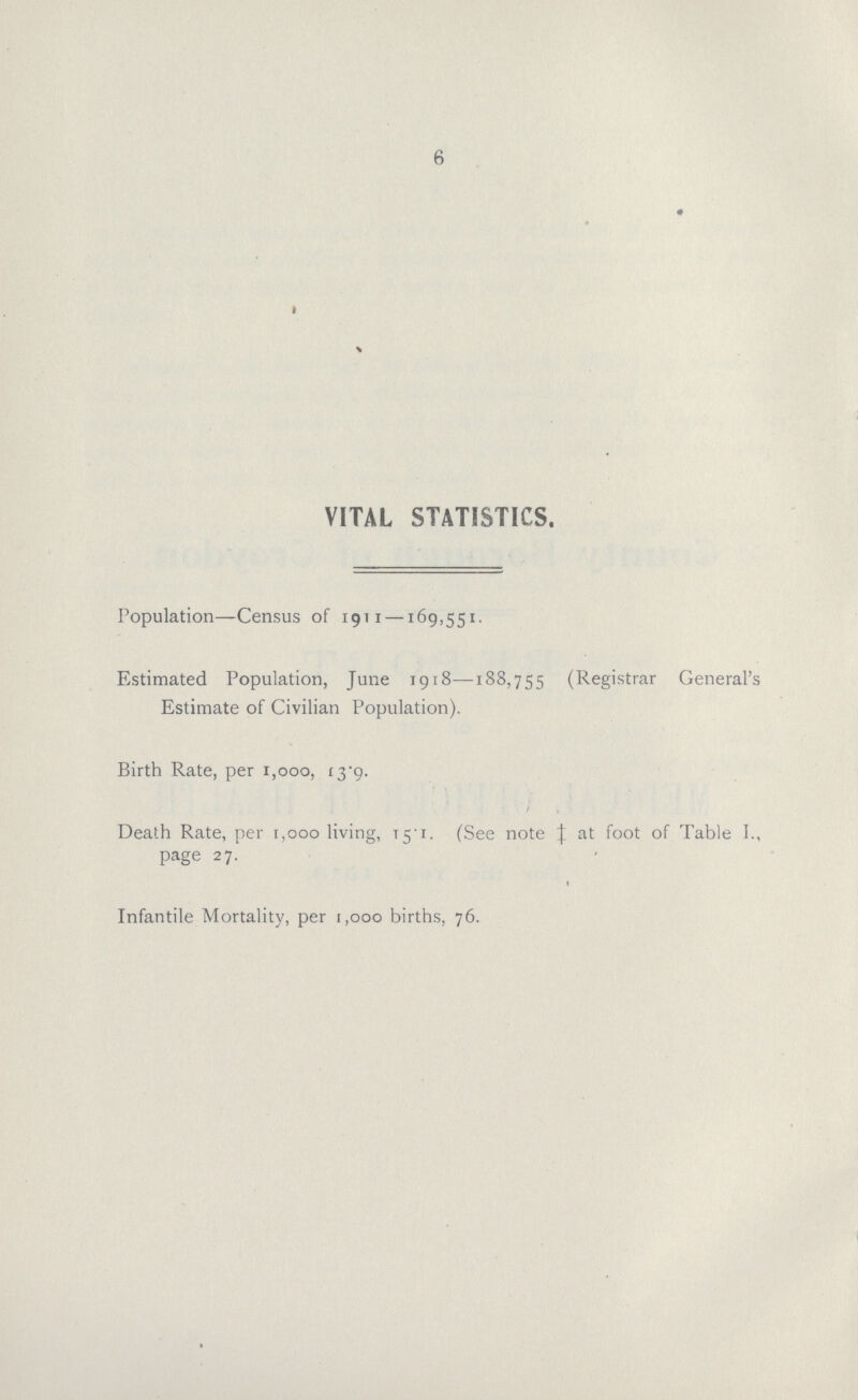 6 VITAL STATISTICS. Population—Census of 1911 —169,551. Estimated Population, June 1918—188,755 (Registrar General's Estimate of Civilian Population). Birth Rate, per 1,000, 13.9. Death Rate, per 1,000 living, 15.1. (See note ‡ at foot of Table I., page 27. Infantile Mortality, per 1,000 births, 76.