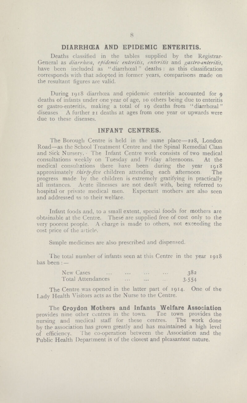 8 DIARRHŒA AND EPIDEMIC ENTERITIS. Deaths classified in the tables supplied by the Registrar General as diarrhœa, epidemic enteritis, enteritis and gastro-enteritis, have been included as diarrhœal deaths: as this classification corresponds with that adopted in former years, comparisons made on the resultant figures are valid. During 1918 diarrhœa and epidemic enteritis accounted for 9 deaths of infants under one year of age, 10 others being due to enteritis or gastroenteritis, making a total of 19 deaths from diarrhœal diseases A further 21 deaths at ages from one year or upwards were due to these diseases. INFANT CENTRES. The Borough Centre is held in the same place—228, London Road—as the School Treatment Centre and the Spinal Remedial Class and Sick Nursery. The Infant Centre work consists of two medical consultations weekly on Tuesday and Friday afternoons. At the medical consuliations there have been during the year 1918 approximately thirty-five children attending each afternoon The progress made by the children is extremely gratifying in practically all instances. Acute illnesses are not dealt with, being referred to hospital or private medical men. Expectant mothers are also seen and addressed as to their welfare. Infant foods and, to a small extent, special foods for mothers are obtainable at the Centre. These are supplied free of cost only to the very poorest people. A charge is made to others, not exceeding the cost price of the article. Simple medicines are also prescribed and dispensed. The total number of infants seen at this Centre in the year 1918 has been:— New Cases 382 Total Attendances 3.54 The Centre was opened in the latter part of 1914. One of the Lady Health Visitors acts as the Nurse to the Centre. The Croydon Mothers and Infants Welfare Association provides nine other centres in the town. The own provides the nursing and medical staff for these centres. The work done by the association has grown greatly and has maintained a high level of efficiency. The co-operation between the Association and the Public Health Department is of the closest and Pleasantest nature,