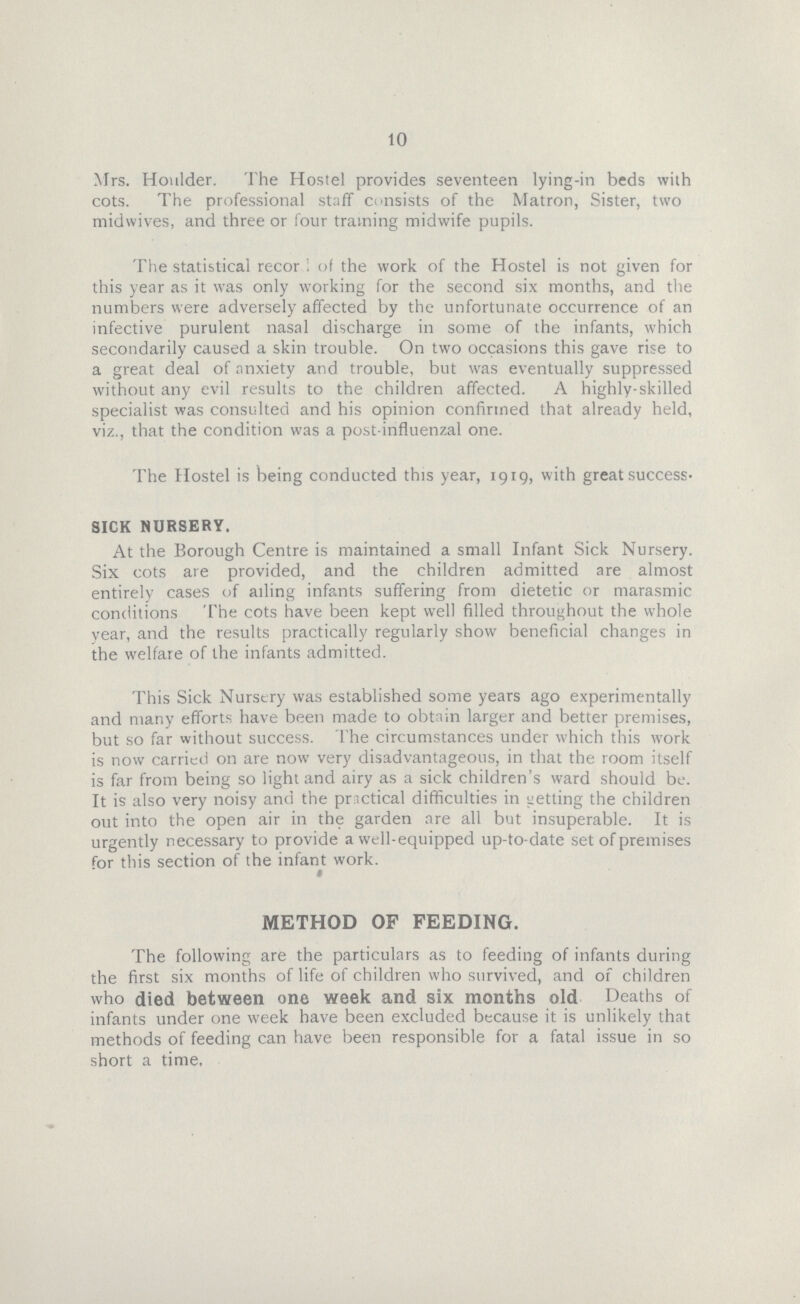 10 Mrs. Houlder. The Hostel provides seventeen lying-in beds with cots. The professional staff consists of the Matron, Sister, two midvvives, and three or four training midwife pupils. The statistical record of the work of the Hostel is not given for this year as it was only working for the second six months, and the numbers were adversely affected by the unfortunate occurrence of an infective purulent nasal discharge in some of the infants, which secondarily caused a skin trouble. On two occasions this gave rise to a great deal of anxiety and trouble, but was eventually suppressed without any evil results to the children affected. A highly-skilled specialist was consulted and his opinion confirmed that already held, viz., that the condition was a post influenzal one. The Hostel is being conducted this year, 1919, with great success SICK NURSERY. At the Borough Centre is maintained a small Infant Sick Nursery. Six cots are provided, and the children admitted are almost entirely cases of ailing infants suffering from dietetic or marasmic conditions The cots have been kept well filled throughout the whole vear, and the results practically regularly show beneficial changes in the welfare of the infants admitted. This Sick Nursery was established some years ago experimentally and many efforts have been made to obtain larger and better premises, but so far without success. The circumstances under which this work is now carried on are now very disadvantageous, in that the room itself is far from being so light and airy as a sick children's ward should be. It is also very noisy and the practical difficulties in getting the children out into the open air in the garden are all but insuperable. It is urgently necessary to provide a well-equipped up-to-date set of premises for this section of the infant work. » METHOD OF FEEDING. The following are the particulars as to feeding of infants during the first six months of life of children who survived, and of children who died between one week and six months old Deaths of infants under one week have been excluded because it is unlikely that methods of feeding can have been responsible for a fatal issue in so short a time.