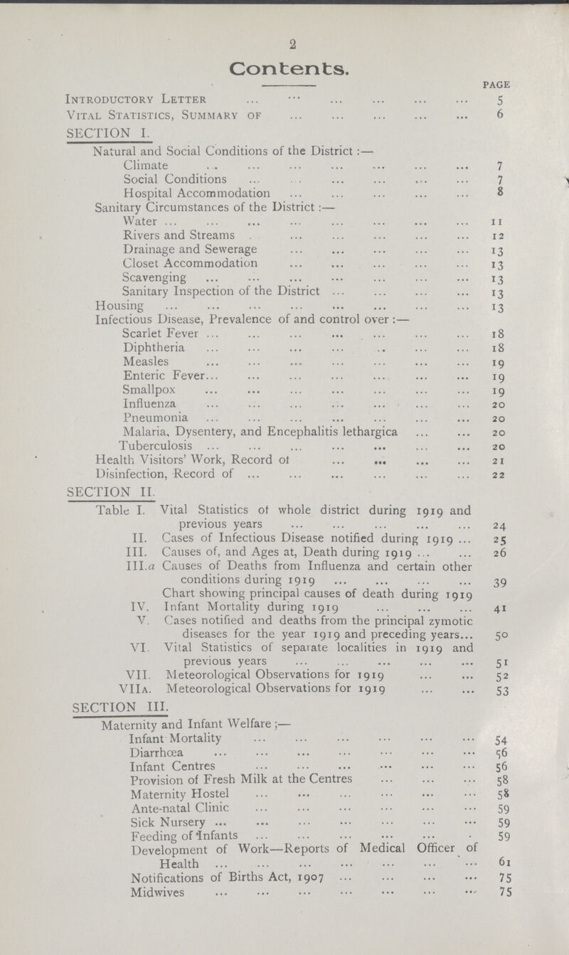 2 Contents. page Introductory Letter 5 Vital Statistics, Summary of 6 SECTION I. Natural and Social Conditions of the District:— Climate 7 Social Conditions 7 Hospital Accommodation 8 Sanitary Circumstances of the District:— Water 11 Rivers and Streams 12 Drainage and Sewerage 13 Closet Accommodation 13 Scavenging 13 Sanitary Inspection of the District 13 Housing 13 Infectious Disease, Prevalence of and control over :— Scarlet Fever 18 Diphtheria 18 Measles 19 Enteric Fever 19 Smallpox 19 Influenza 20 Pneumonia 20 Malaria, Dysentery, and Encephalitis lethargica 20 Tuberculosis 20 Health Visitors' Work, Record ot 21 Disinfection, Record of 22 SECTION II. Table I. Vital Statistics of whole district during 1919 and previous years 24 II. Cases of Infectious Disease notified during 1919 25 III. Causes of, and Ages at, Death during 1919 26 III.a Causes of Deaths from Influenza and certain other conditions during 1919 39 Chart showing principal causes of death during 1919 IV. Infant Mortality during 1919 41 V. Cases notified and deaths from the principal zymotic diseases for the year 1919 and preceding years 50 VI Vital Statistics of separate localities in 1919 and previous years 51 VII. Meteorological Observations for 1919 52 VIIa. Meteorological Observations for 1919 53 SECTION III. Maternity and Infant Welfare ;— Infant Mortality 54 Diarrhœa 56 Infant Centres 56 Provision of Fresh Milk at the Centres 58 Maternity Hostel 58 Ante-natal Clinic 59 Sick Nurse 59 Feeding of infants 59 Development of Work—Reports of Medical Officer of Health 61 Notifications of Births Act, 1907 75 Midwives 75