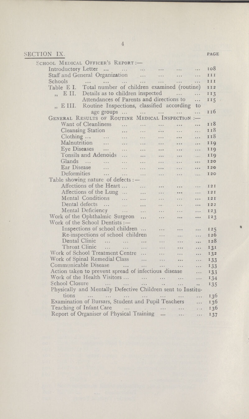 4 SECTION IX. page School Medical Officer's Report:— Introductory Letter 108 Staff and General Organization hi Schools in Table E I. Total number of children examined (routine) 112 ,, E II. Details as to children inspected 113 Attendances of Parents and directions to 115 ,, E III. Routine Inspections, classified according to age groups 116 General Results of Routine Medical Inspection :— Want of Cleanliness 118 Cleansing Station 118 Clothing 118 Malnutrition 119 Eye Diseases 119 Tonsils and Adenoids 119 Glands 120 Ear Disease 120 Deformities 120 Table showing nature of defects : — Affections of the Heart 121 Affections of the Lung 121 Mental Conditions 121 Dental defects 122 Mental Deficiency 123 Work of the Ophthalmic Surgeon 123 Work of the School Dentists :— Inspections of school children 125 Re-inspections of school children 126 Dental Clinic 128 Throat Clinic 131 Work of School Treatment Centre 132 Work of Spinal Remedial Class 133 Communicable Disease 133 Action taken to prevent spread of infectious disease 133 Work of the Health Visitors 134 School Closure 135 Physically and Mentally Defective Children sent to Institu tions 136 Examination of Bursars, Student and Pupil Teachers 136 Teaching of Infant Care 136 Report of Organiser of Physical Training 137