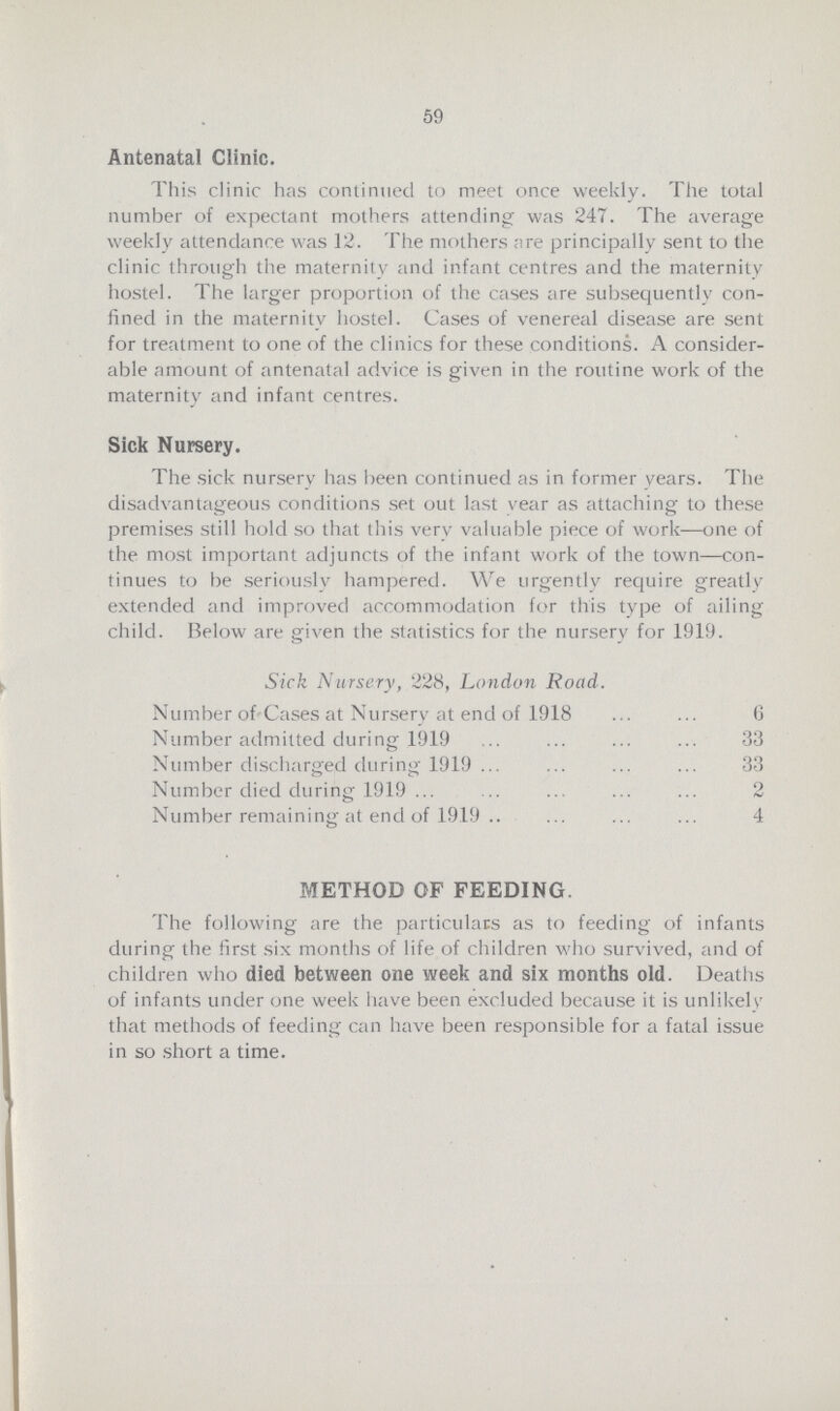 59 Antenatal Clinic. This clinic has continued to meet once weekly. The total number of expectant mothers attending was 247. The average weekly attendance was 12. The mothers are principally sent to the clinic through the maternity and infant centres and the maternity hostel. The larger proportion of the cases are subsequently con fined in the maternity hostel. Cases of venereal disease are sent for treatment to one of the clinics for these conditions. A consider able amount of antenatal advice is given in the routine work of the maternity and infant centres. Sick Nursery. The sick nursery has been continued as in former years. The disadvantageous conditions set out last year as attaching to these premises still hold so that this very valuable piece of work—one of the most important adjuncts of the infant work of the town—con tinues to be seriously hampered. We urgently require greatly extended and improved accommodation for this type of ailing child. Below are given the statistics for the nursery for 1919. Sick Nursery, 228, London Road. Number of Cases at Nursery at end of 1918 6 Number admitted during 1919 33 Number discharged during 1919 33 Number died during 1919 2 Number remaining at end of 1919 4 METHOD OF FEEDING. The following are the particulars as to feeding of infants during the first six months of life of children who survived, and of children who died between one week and six months old. Deaths of infants under one week have been excluded because it is unlikely that methods of feeding can have been responsible for a fatal issue in so short a time.